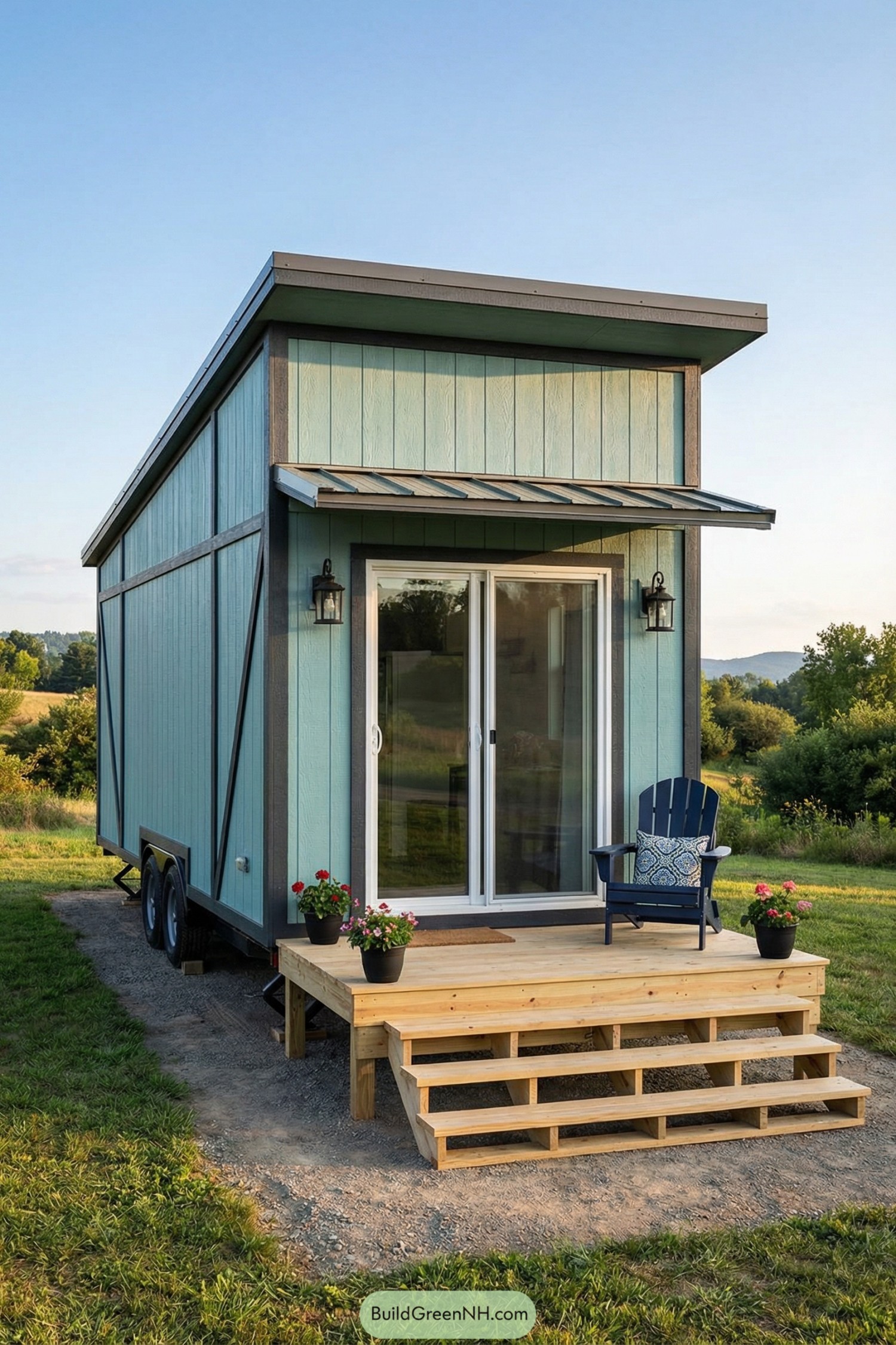 Light blue tiny house on wheels with a small front deck and sliding glass doors