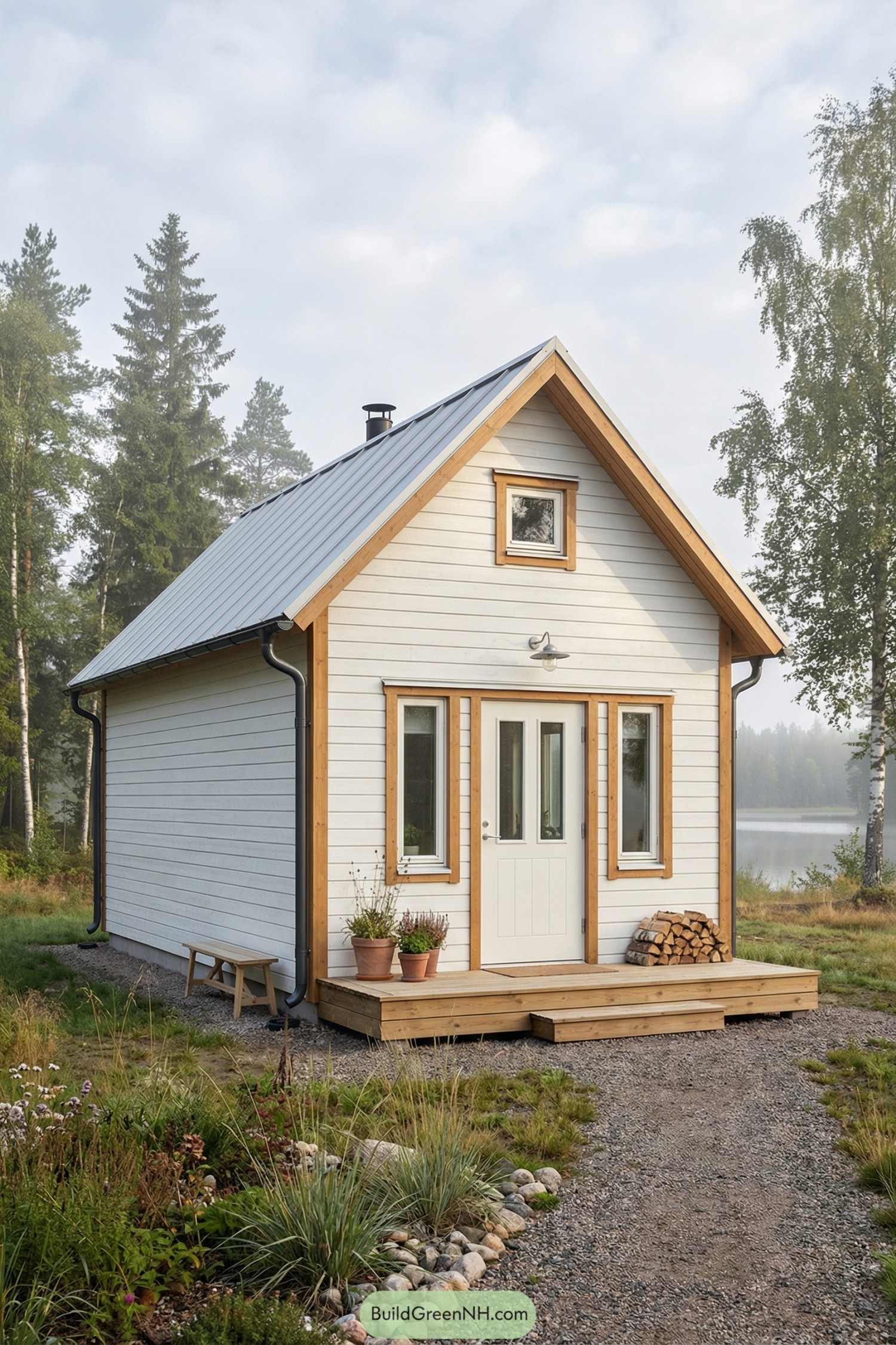 Small white timber tiny house with metal roof and simple front porch facing a lake