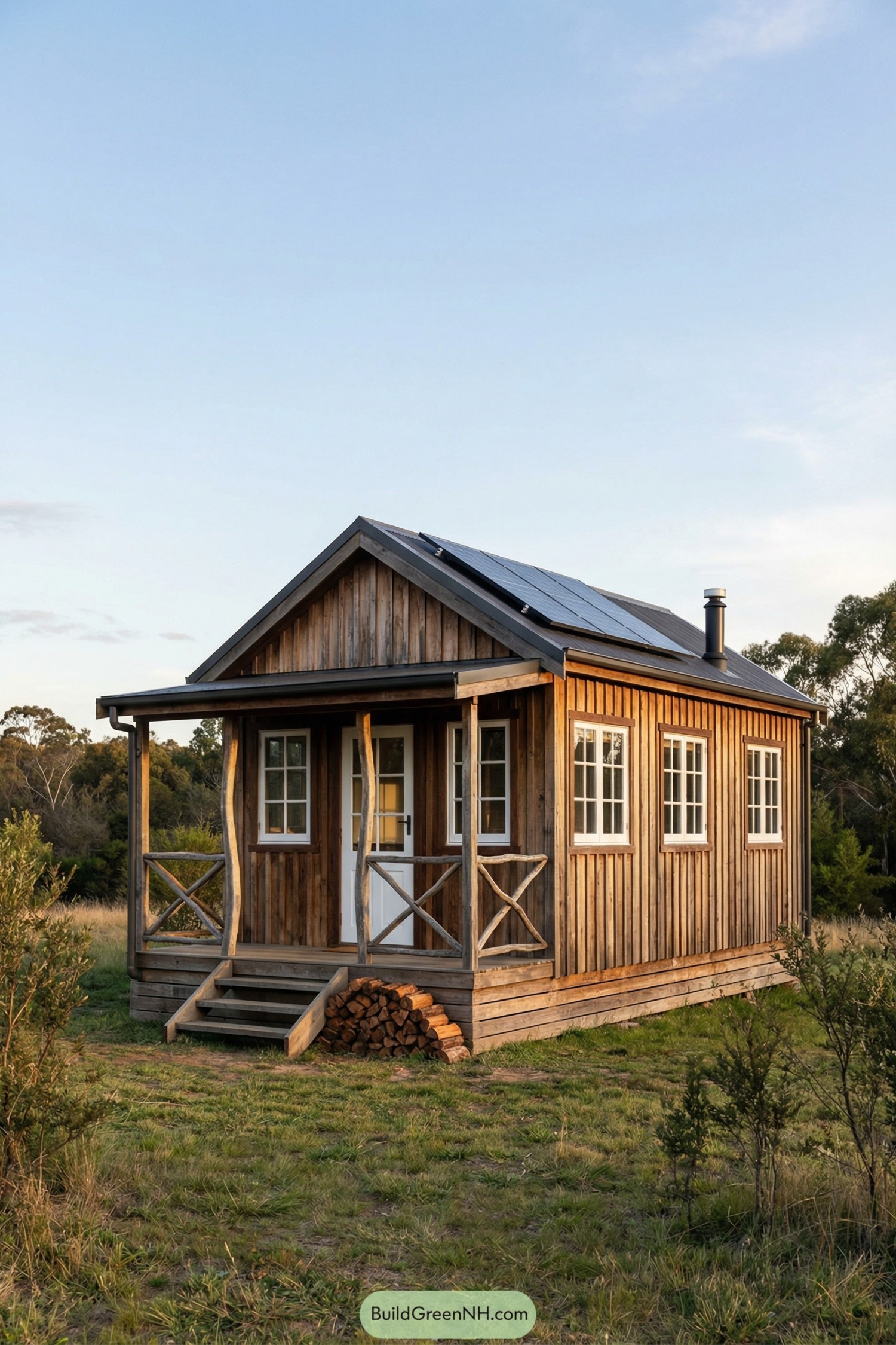 Small timber tiny house with front porch and rooftop solar panels in an open field