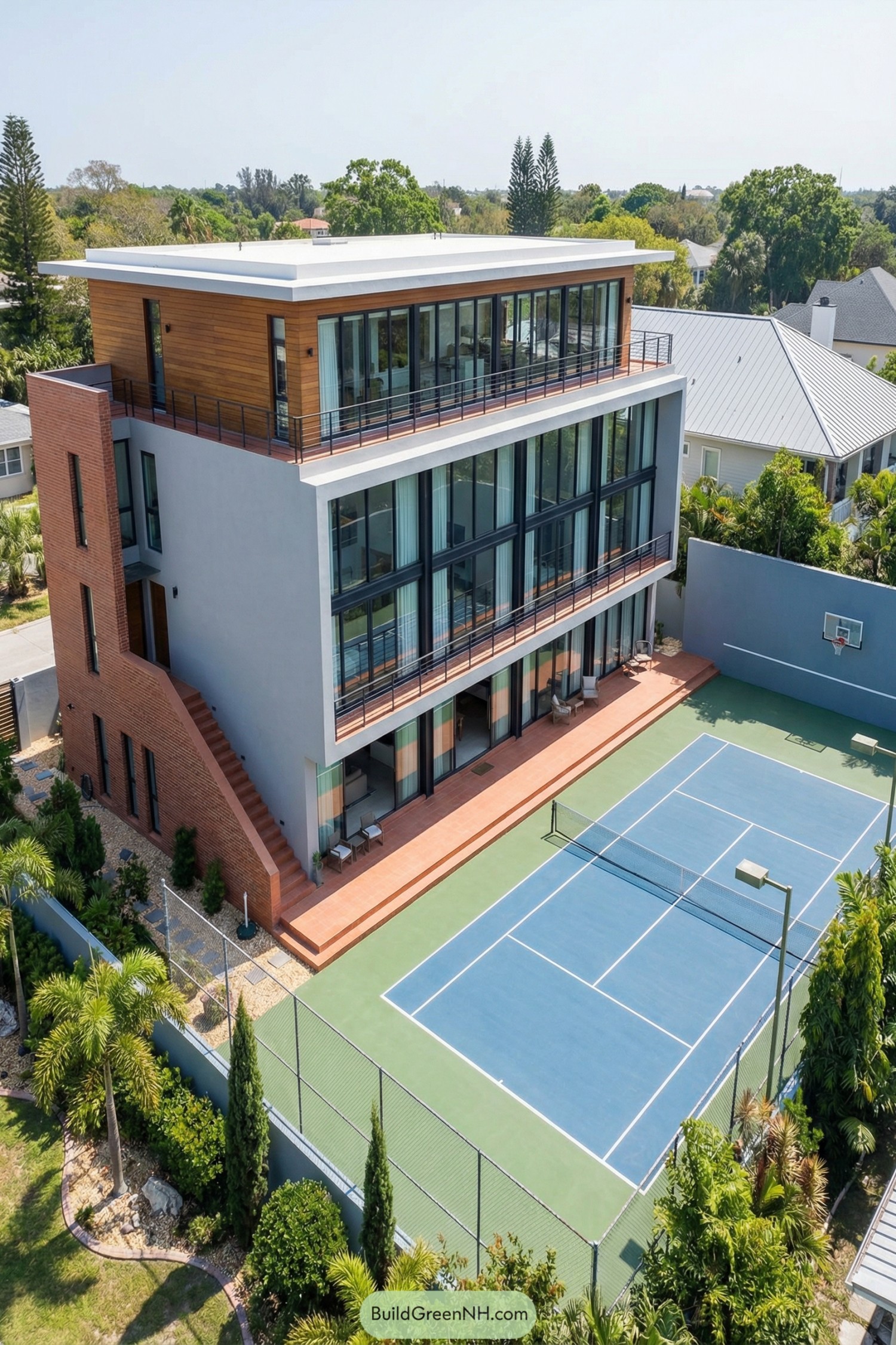 Four-story modern home beside private tennis court