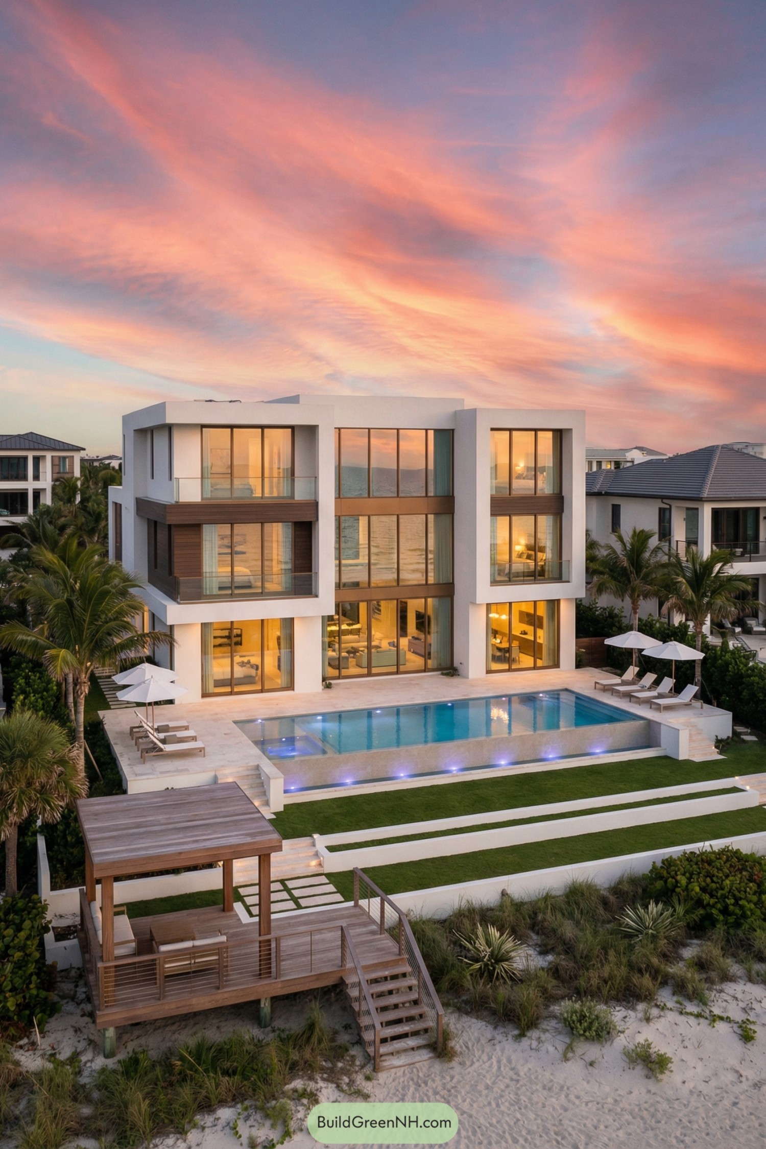 Beachfront modern villa with infinity pool at sunset