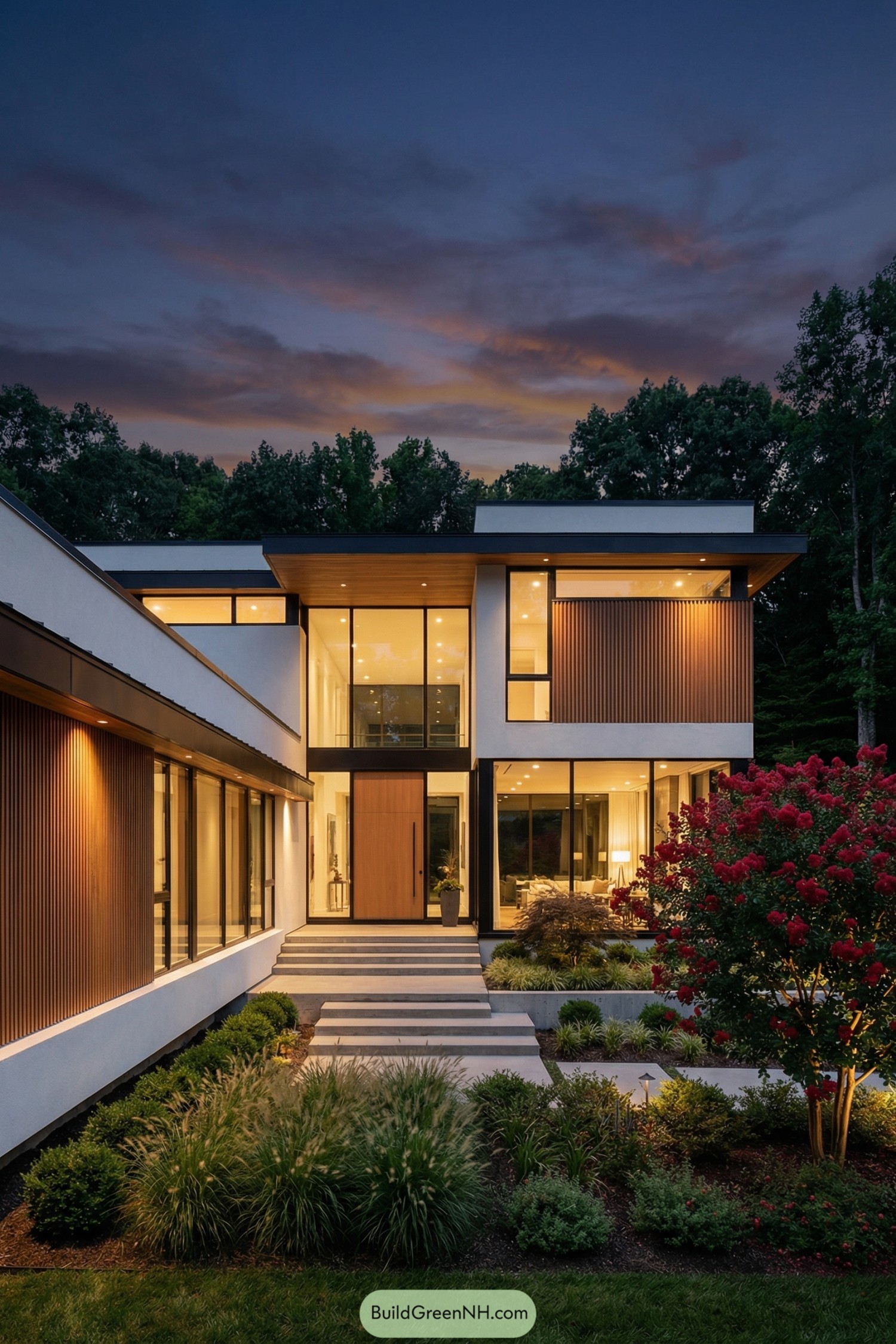 Modern two-story house with expansive glass and warm lighting set against a wooded dusk sky