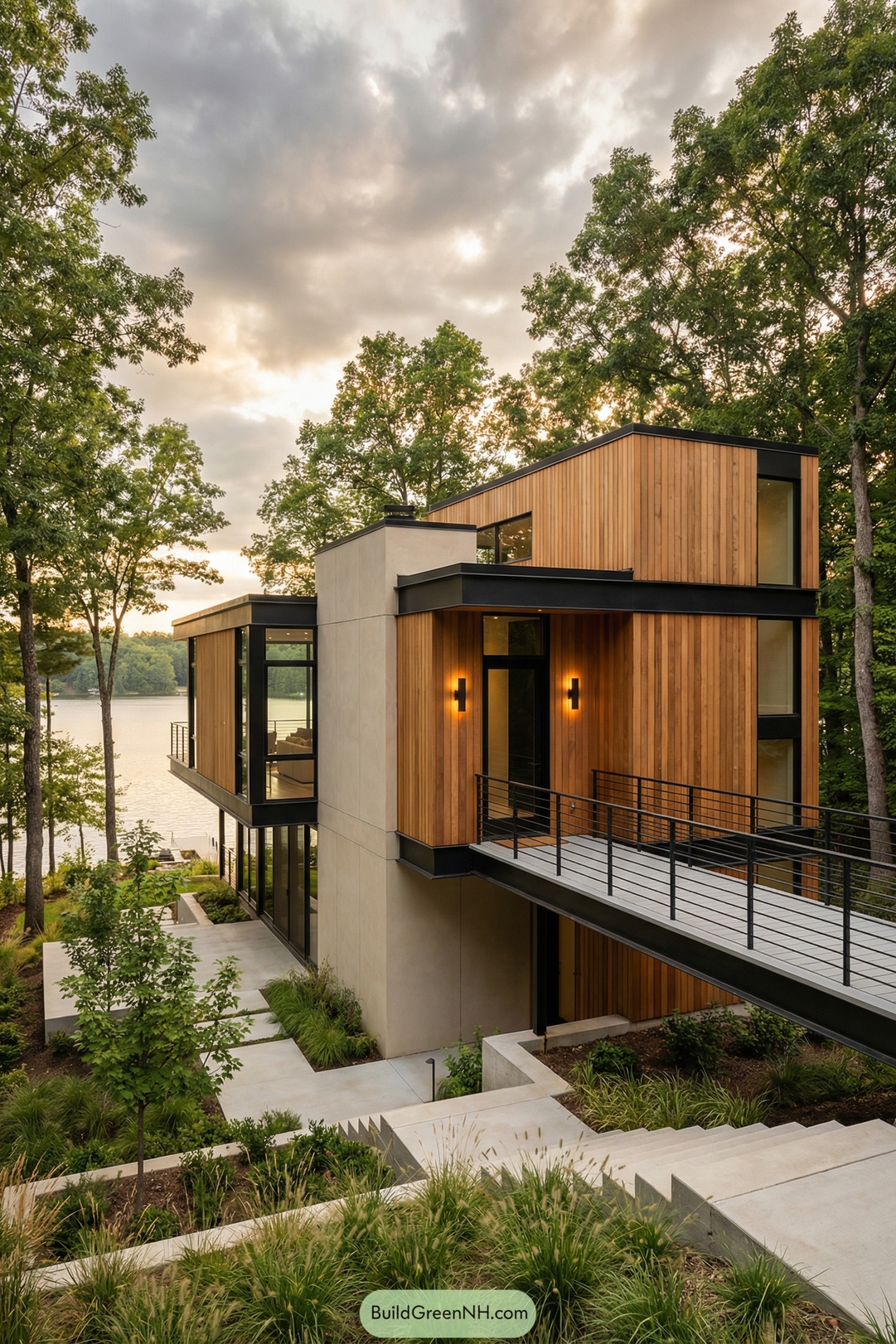 Modern lakeside house with wood cladding, glass walls, and a bridge-like entry over terraced landscaping