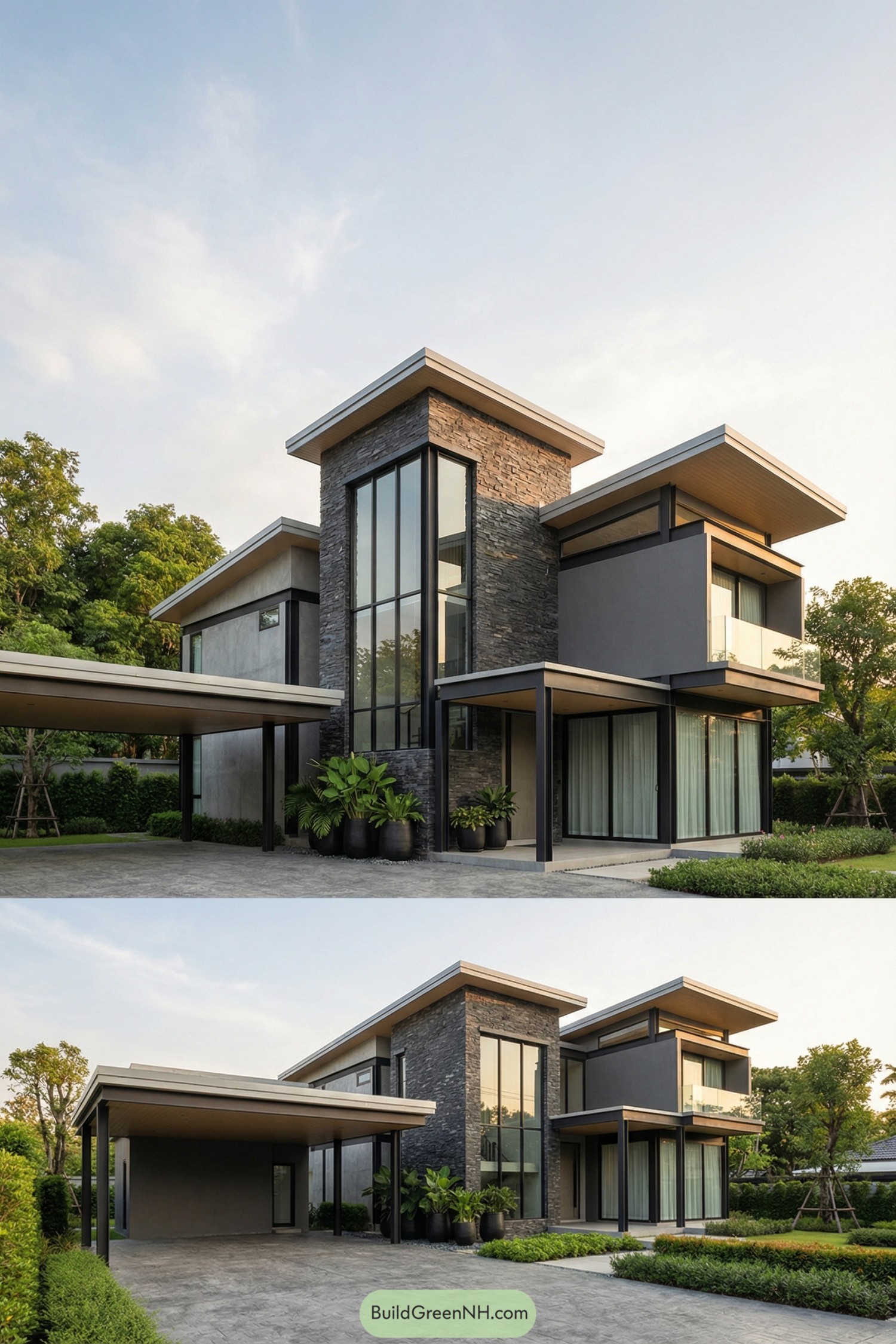 Two-story modern house with a tall stone-clad tower, large glass panels, and flat overhang roofs beside a landscaped yard
