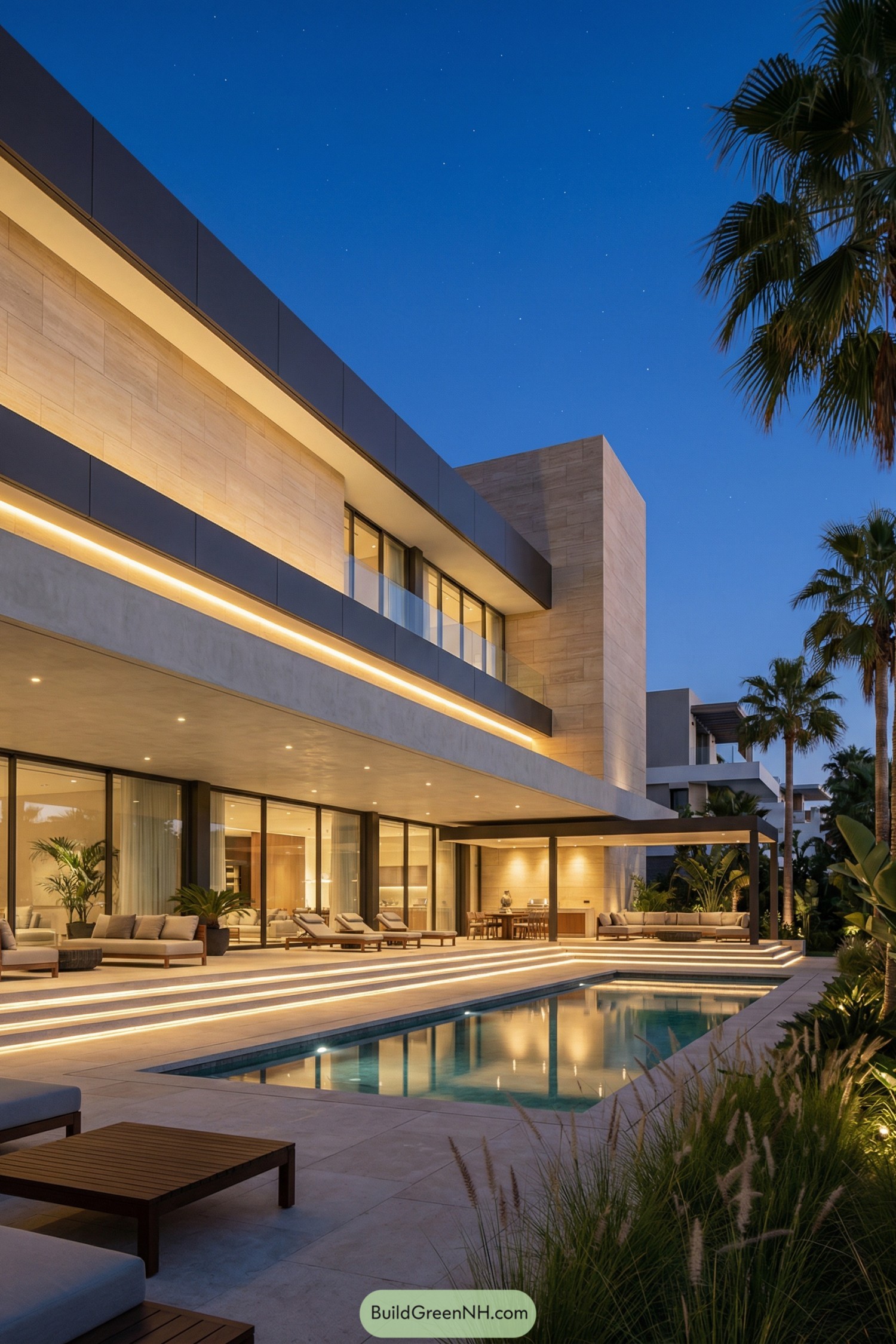 Modern two story villa with long terraces and glowing poolside lighting at dusk