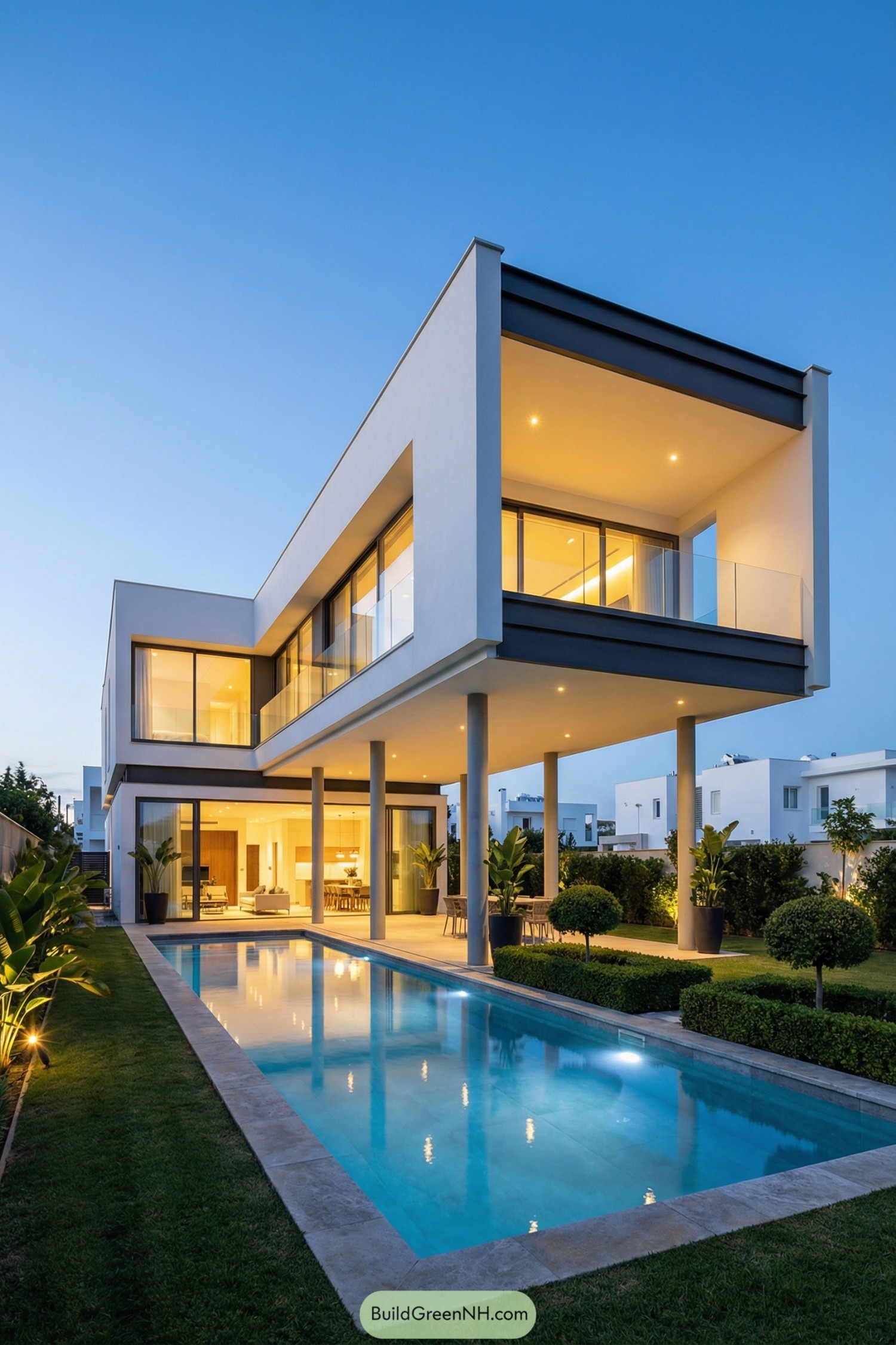 Modern two story white villa cantilevered over a narrow swimming pool at dusk