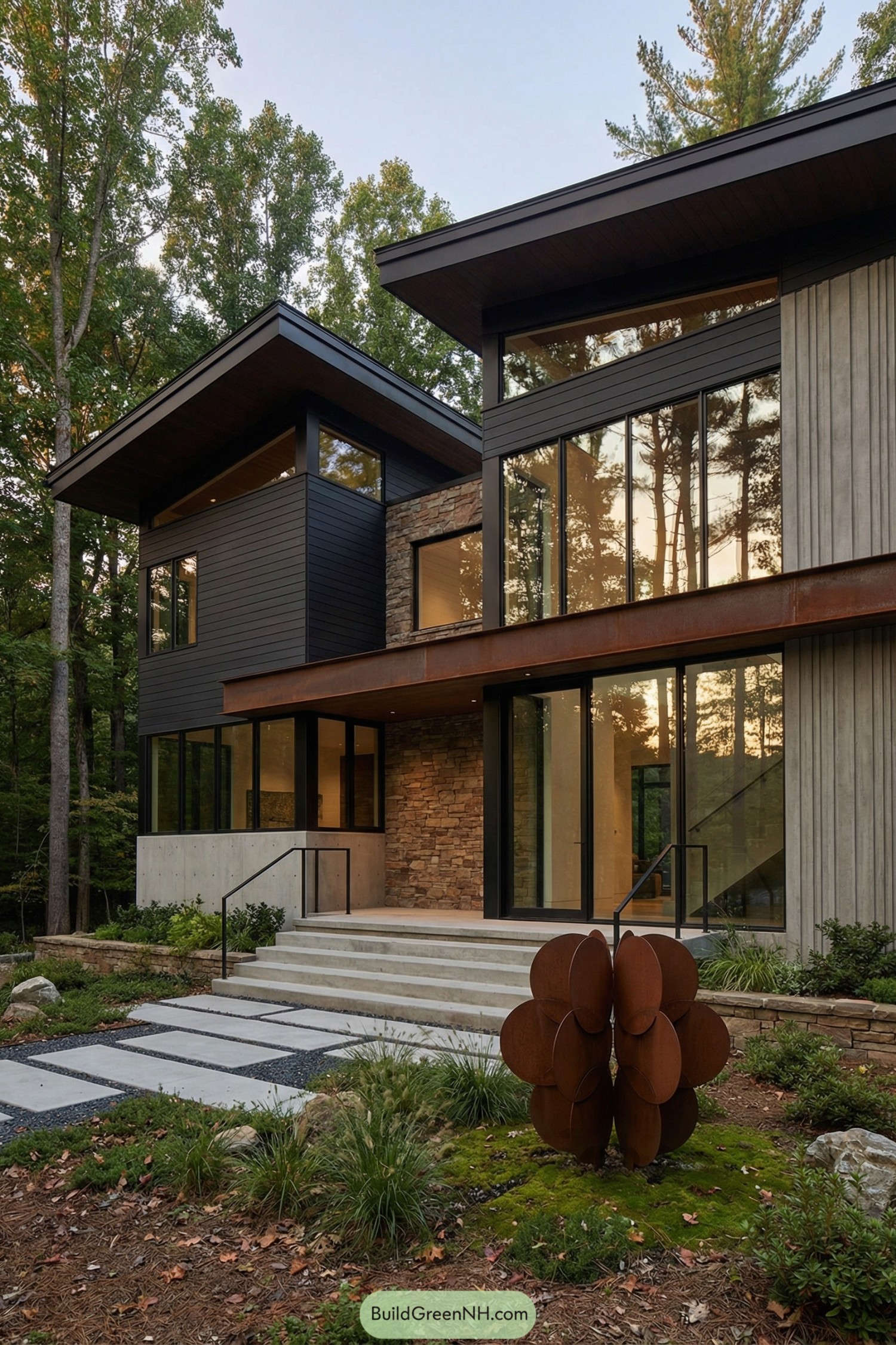 Modern two-story forest house with large glass walls and mixed wood, stone, and metal cladding