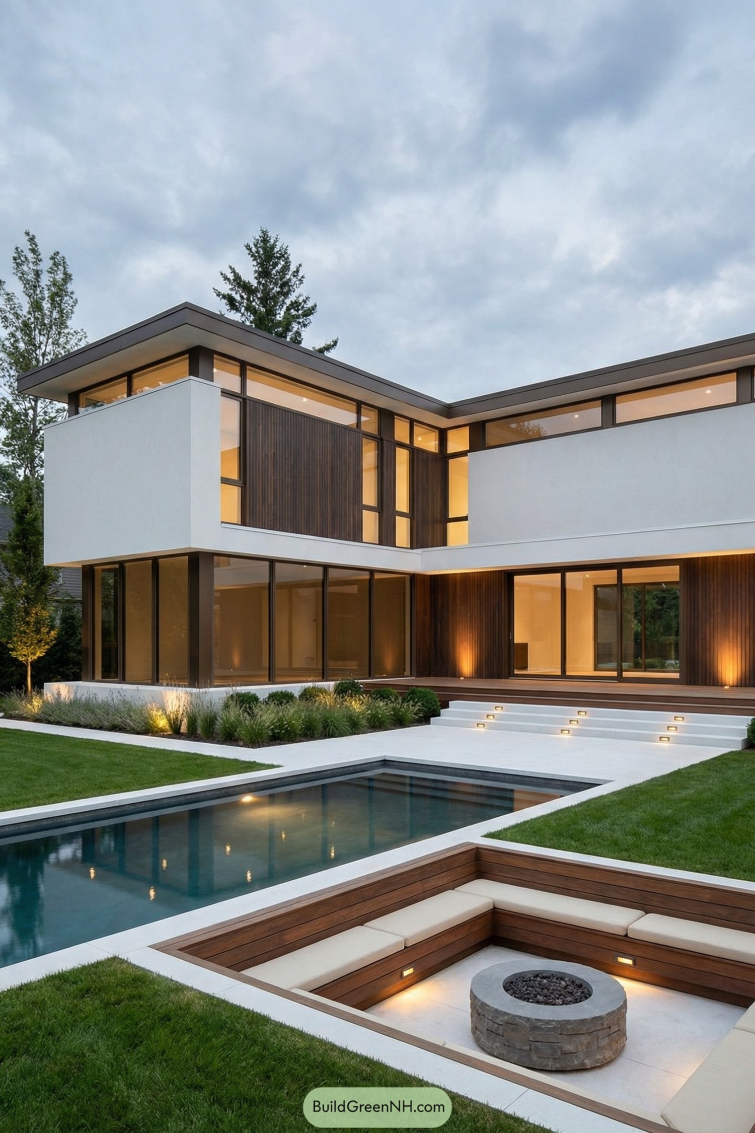 Modern two-story L-shaped house with expansive glass walls overlooking a pool and sunken firepit lounge