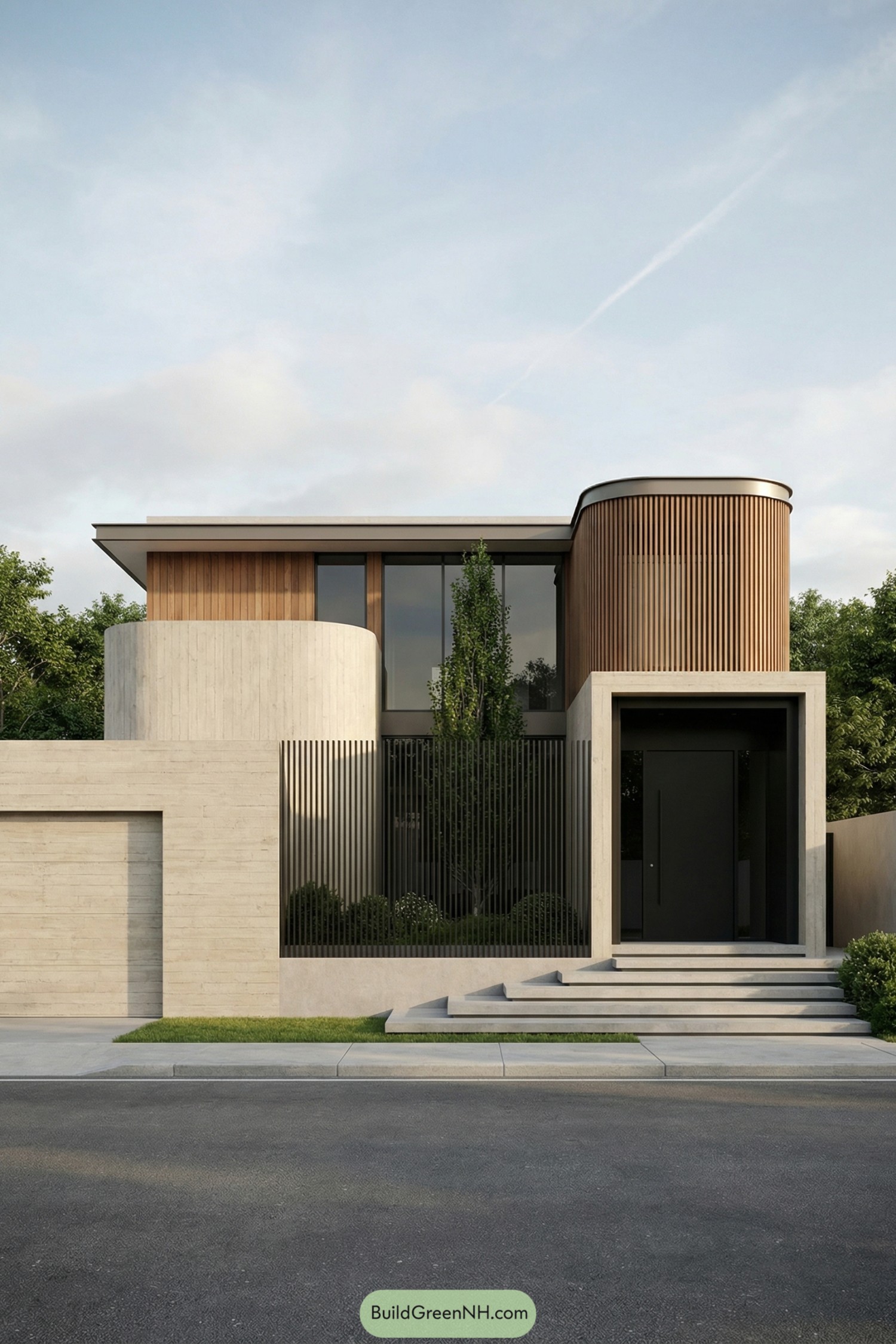 Two-story modern house with concrete walls and curved wood-clad upper volumes facing the street