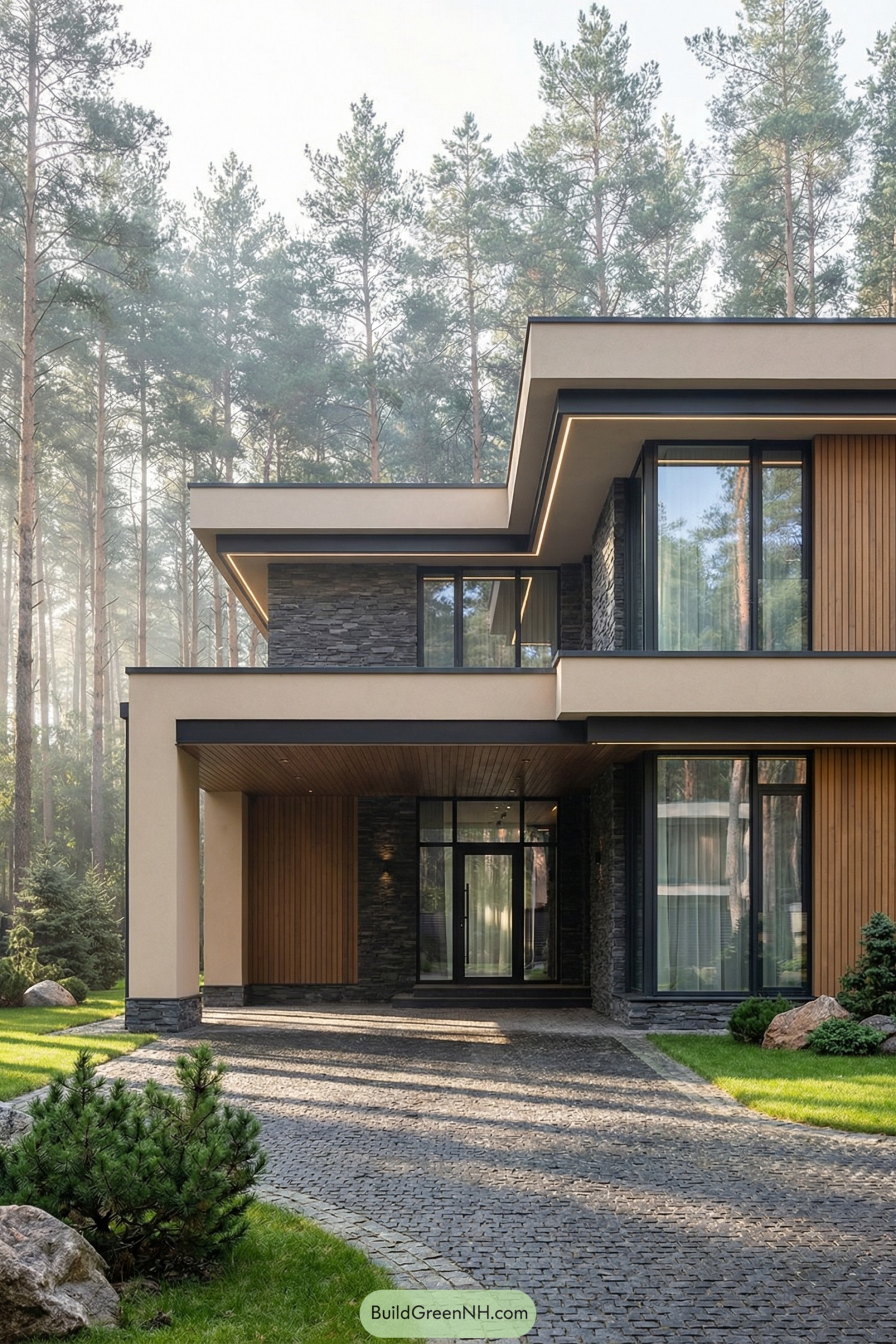 Modern two-story house with flat roofs, wood and stone cladding, and large glass windows set in a pine forest