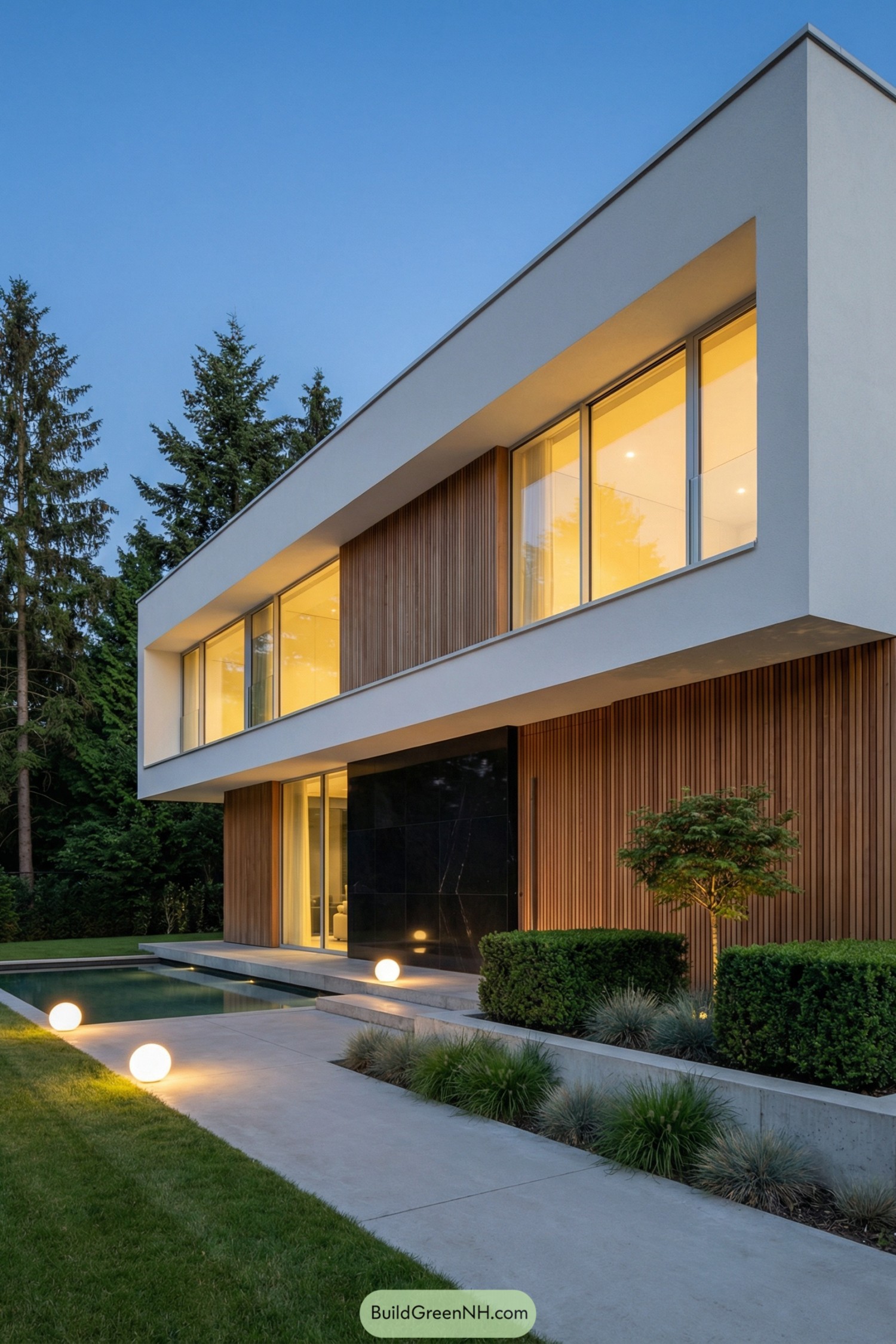 Modern two-story house with white overhangs, vertical wood cladding, and a slim pool lined with glowing globe lights at dusk