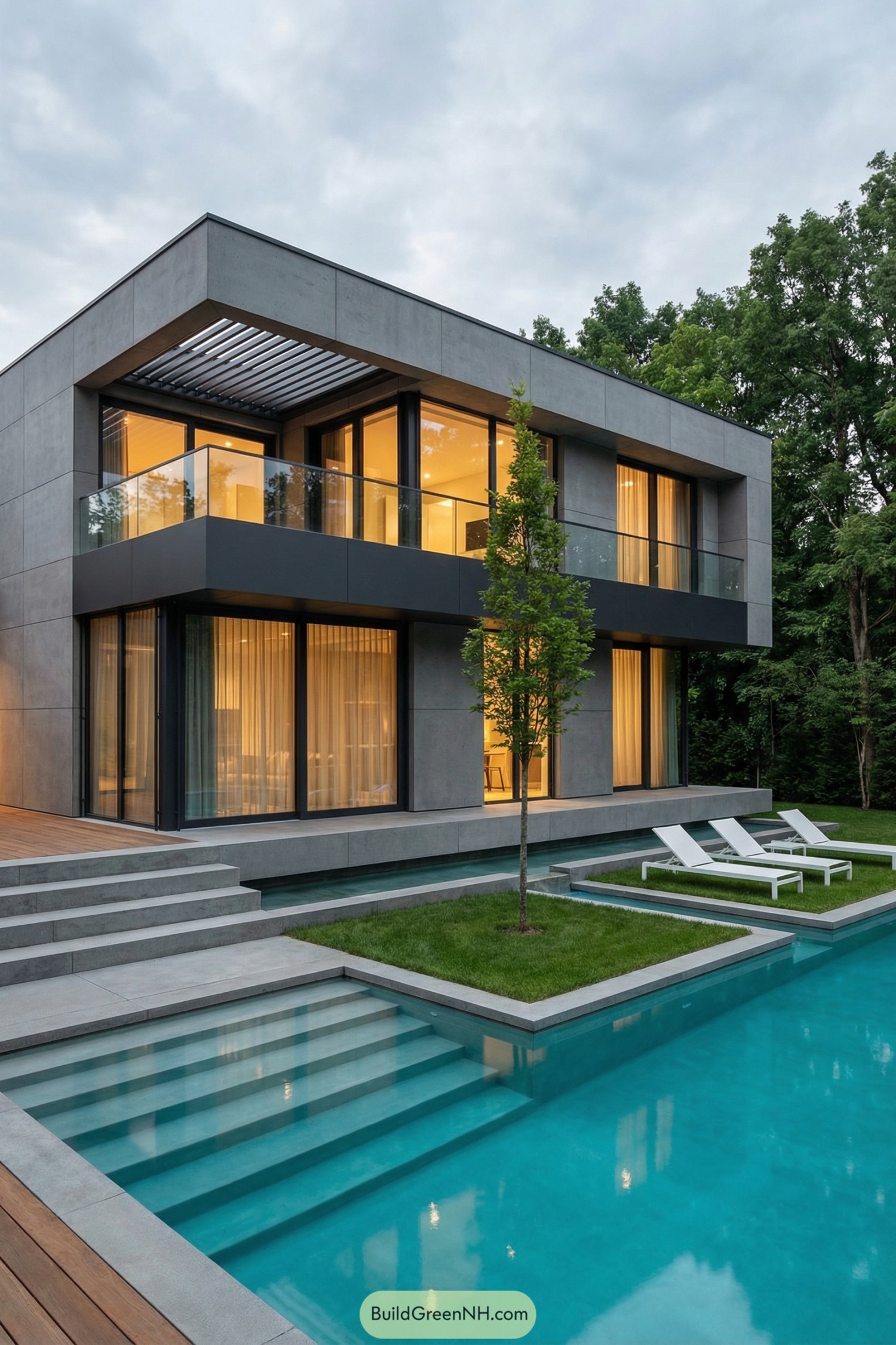 Modern concrete villa with large windows and pool