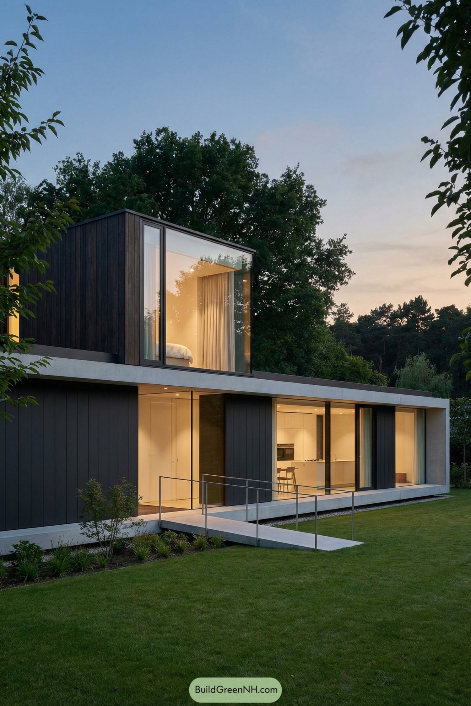 Modern two story house with glassy upper volume, dark cladding, and concrete frame opening to a green lawn at dusk