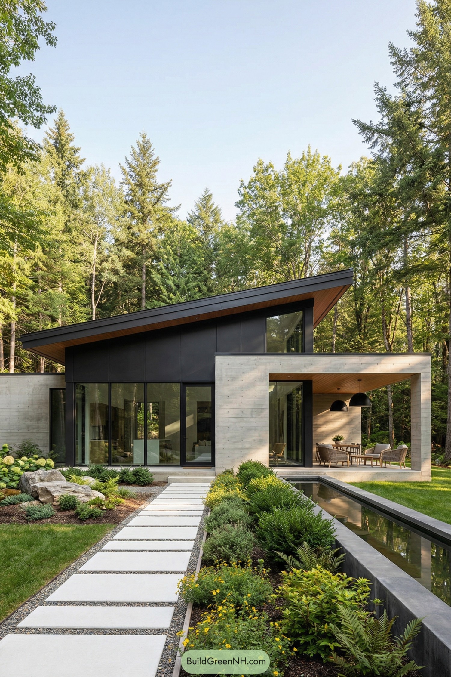 Modern concrete and glass house in a wooded garden with a narrow reflecting pool and stepping-stone path