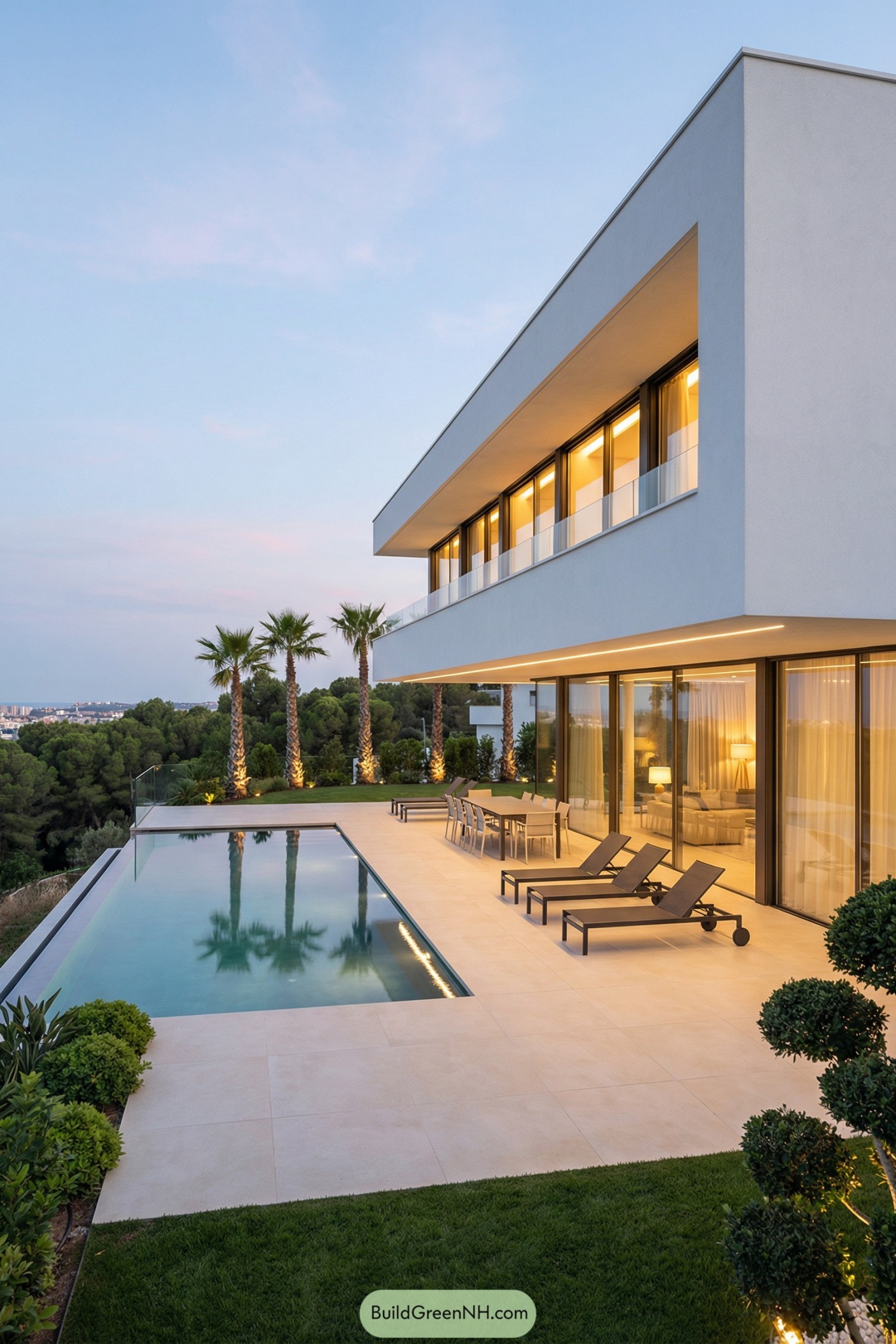 Minimalist white villa with cantilevered upper level, glass walls, and infinity pool overlooking palm trees and distant city