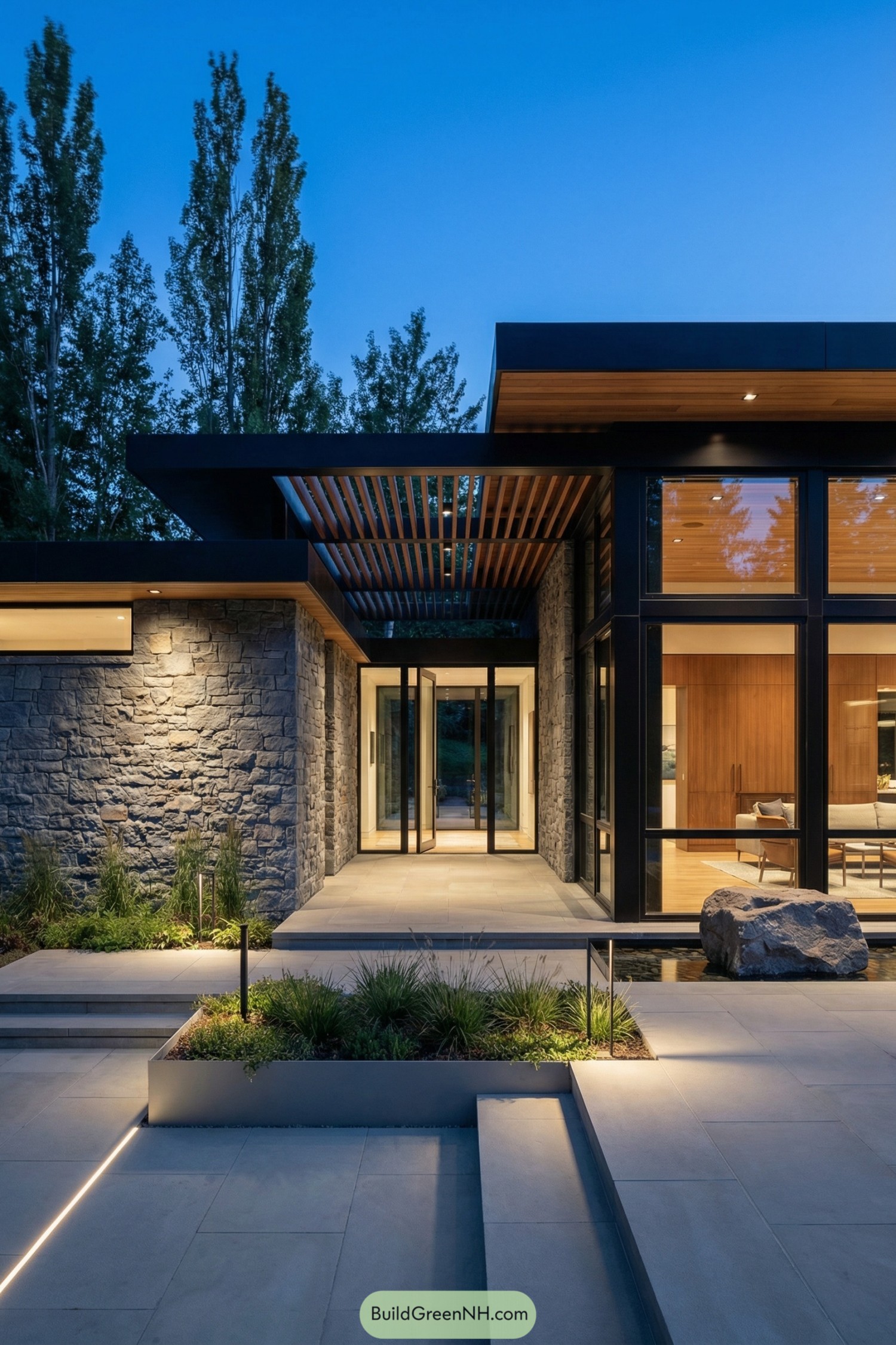Modern stone and glass house at dusk