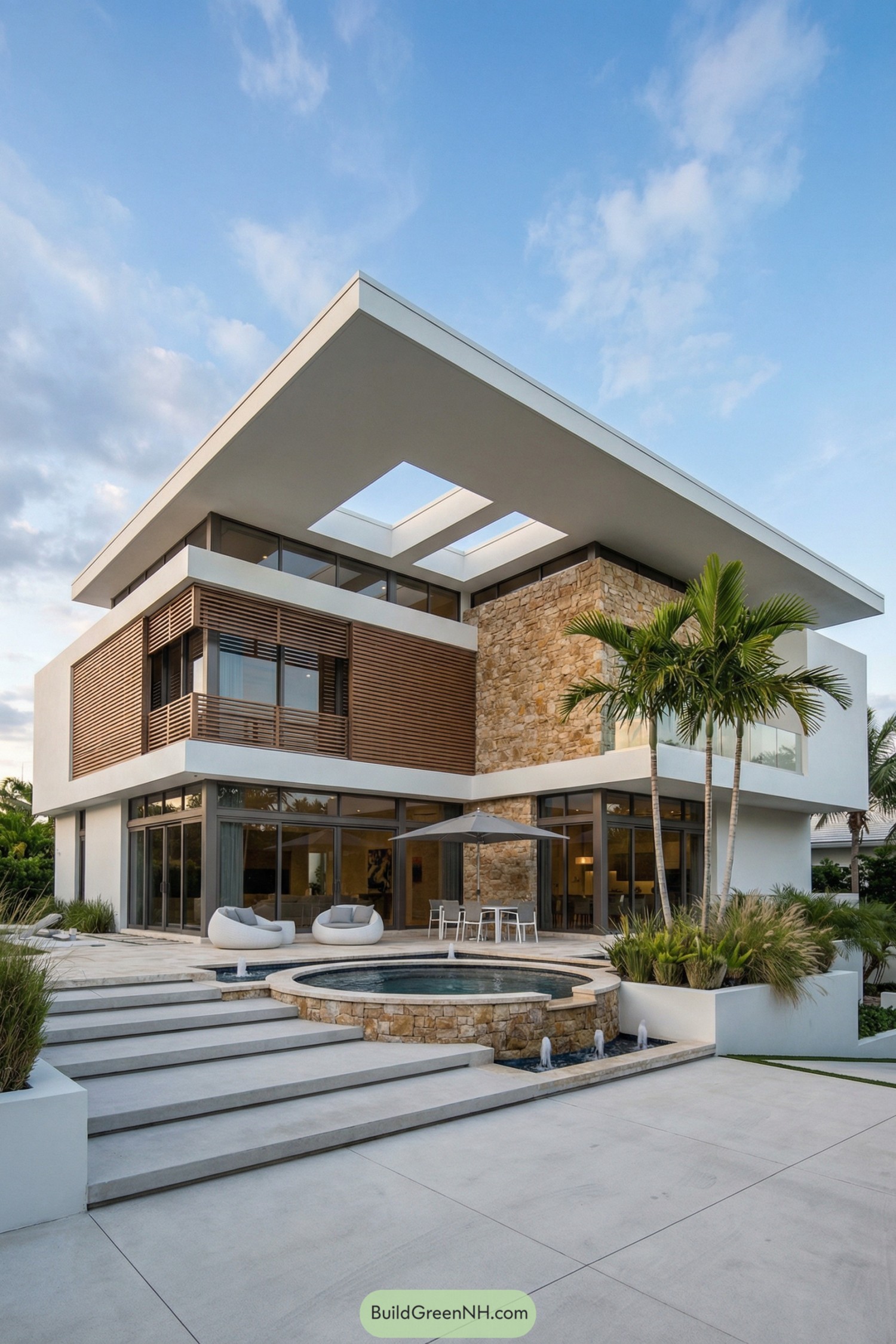 Two-story modern house with floating cut-out roof, stone accents, and circular pool terrace