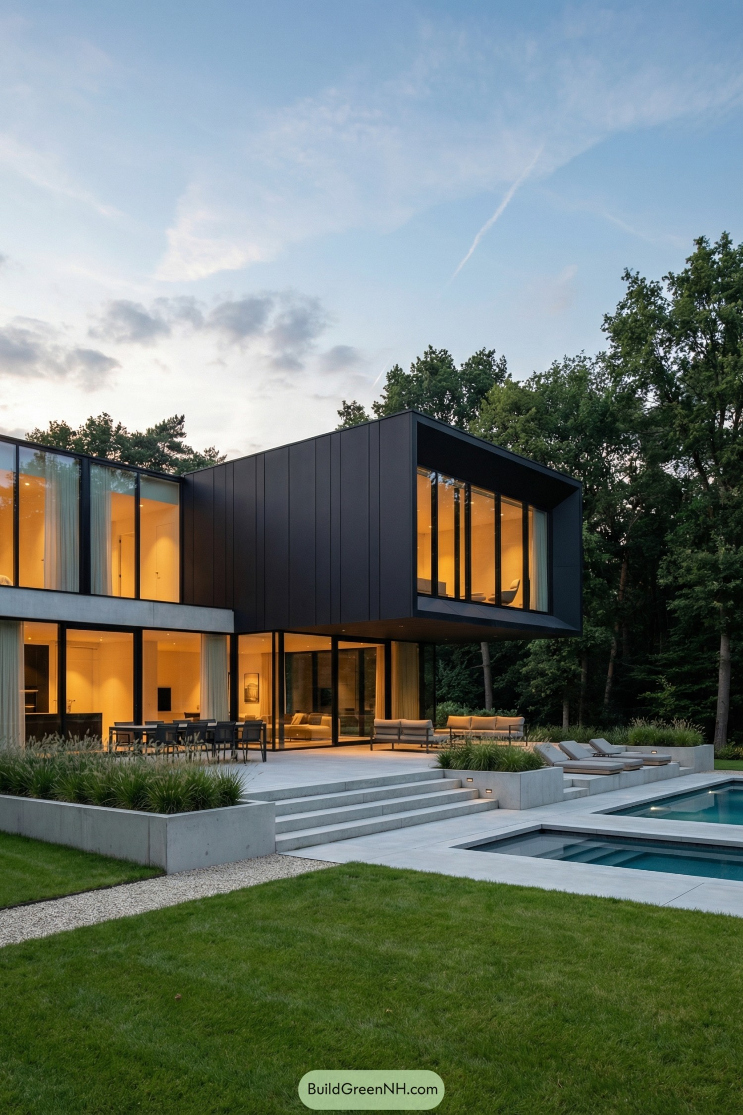 Modern glass house with pool at dusk