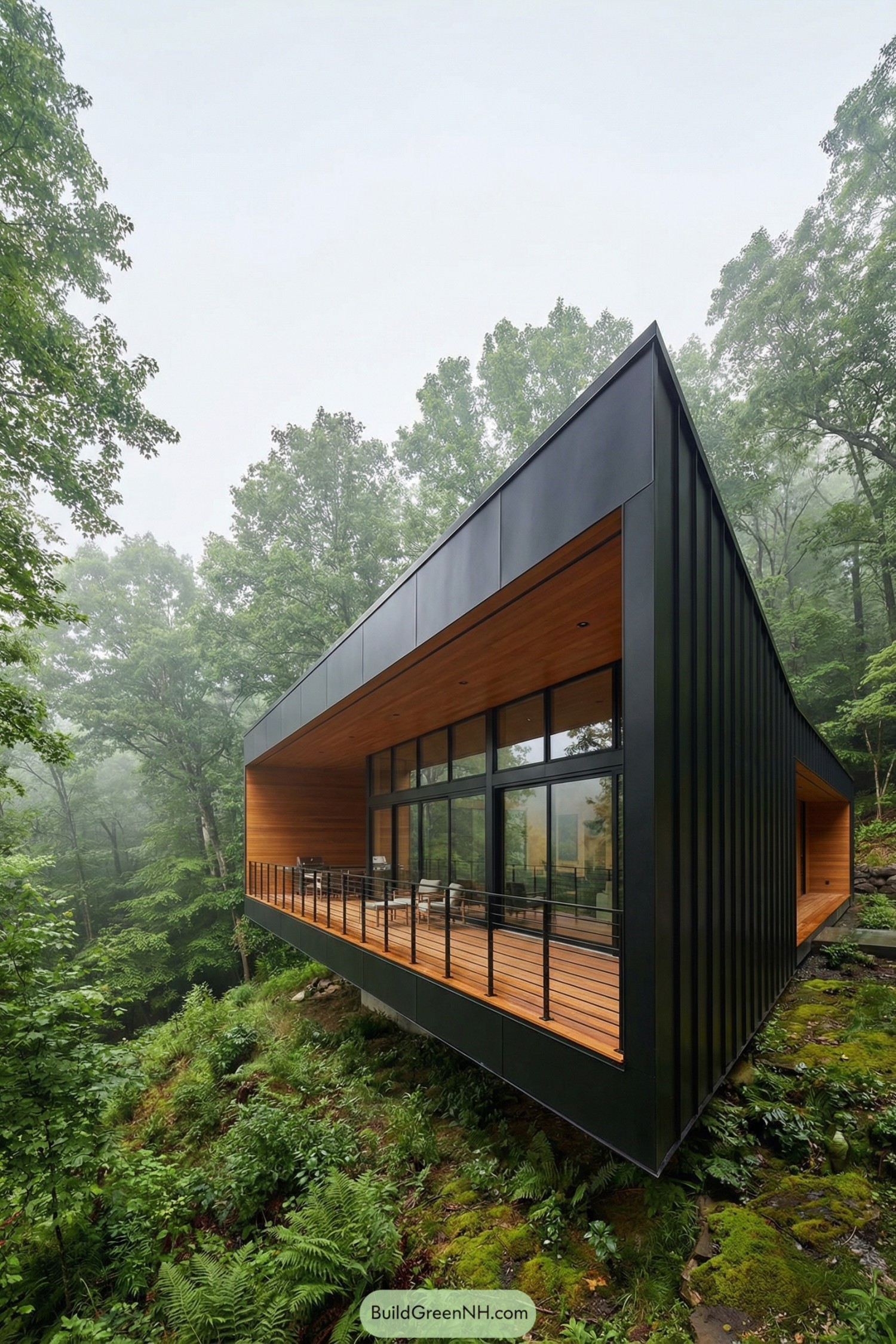 Cantilevered black and wood modern house overlooking lush forest