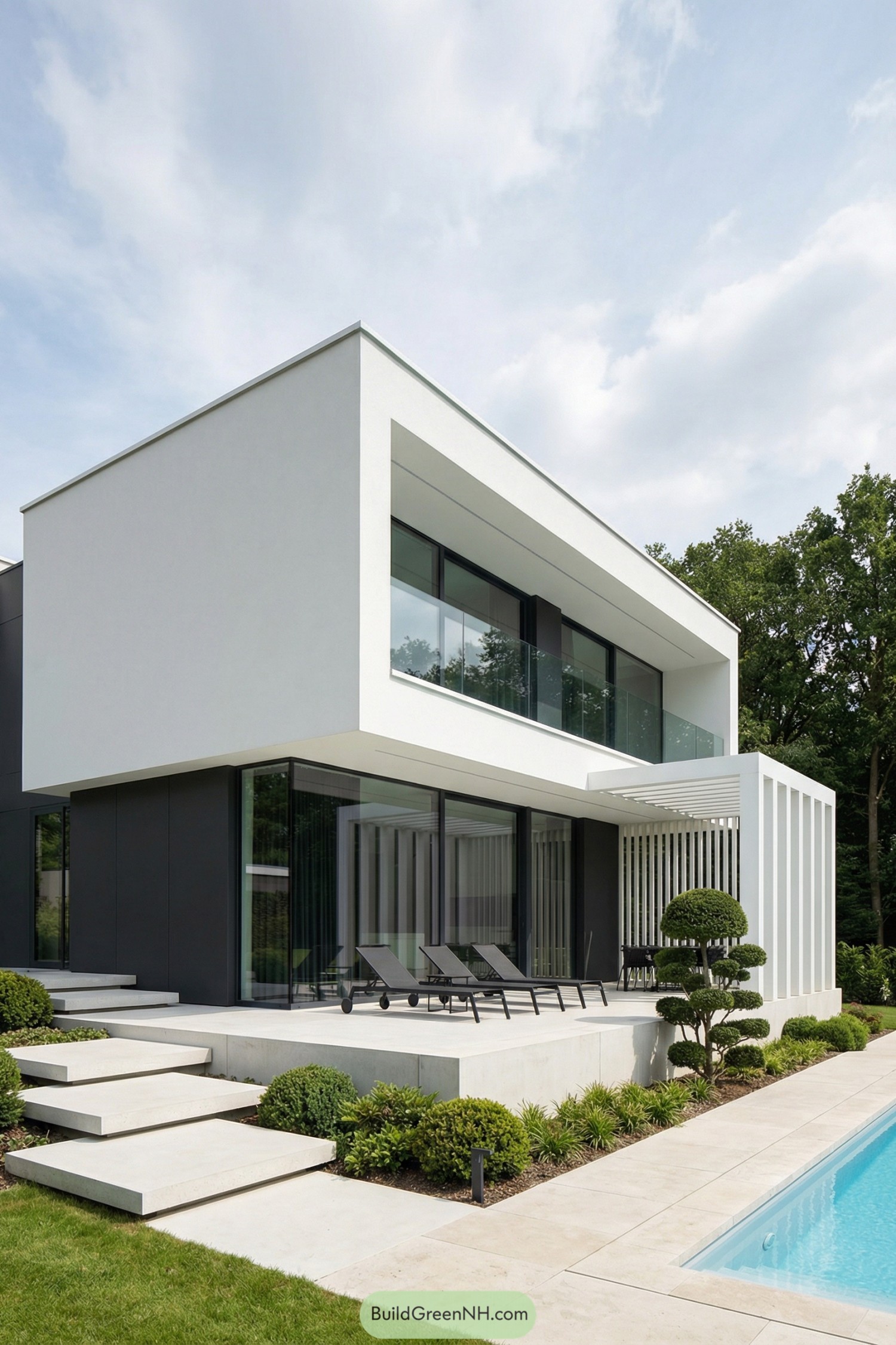 Minimalist white two-story villa beside pool