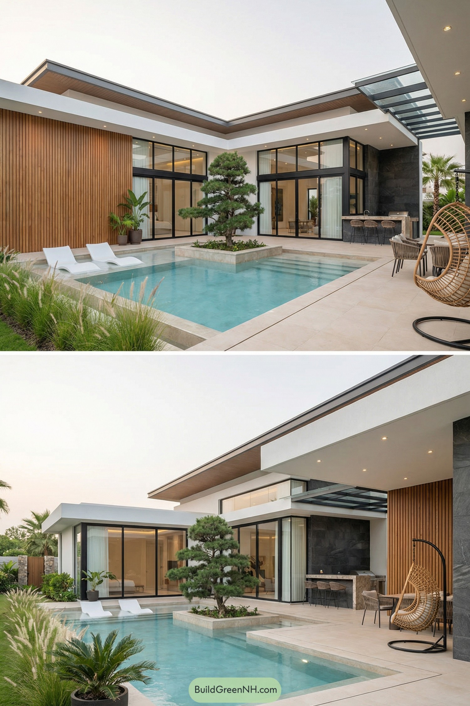Modern L-shaped courtyard house with pool