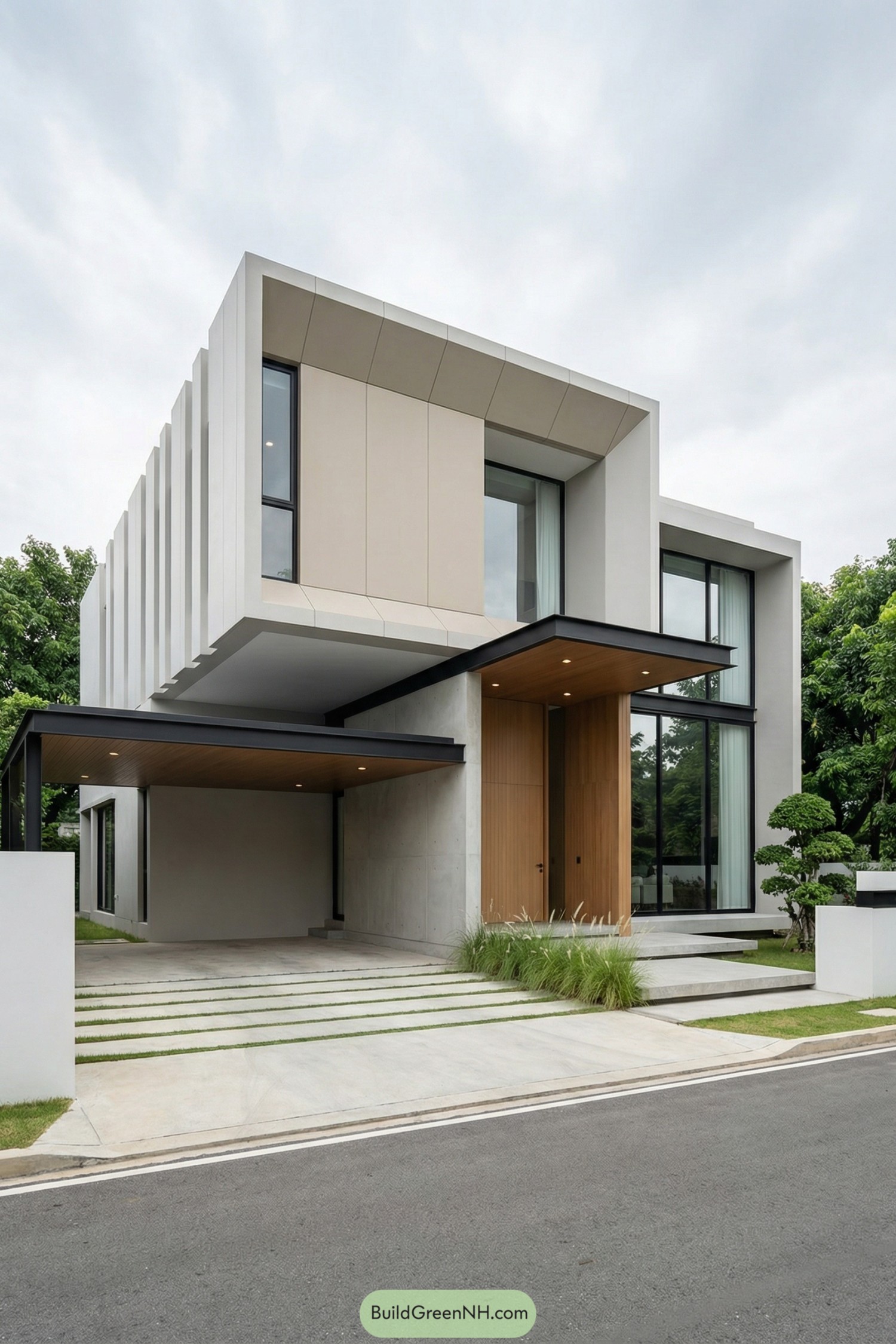 Two-story minimalist house with boxy volumes and cantilevered carport