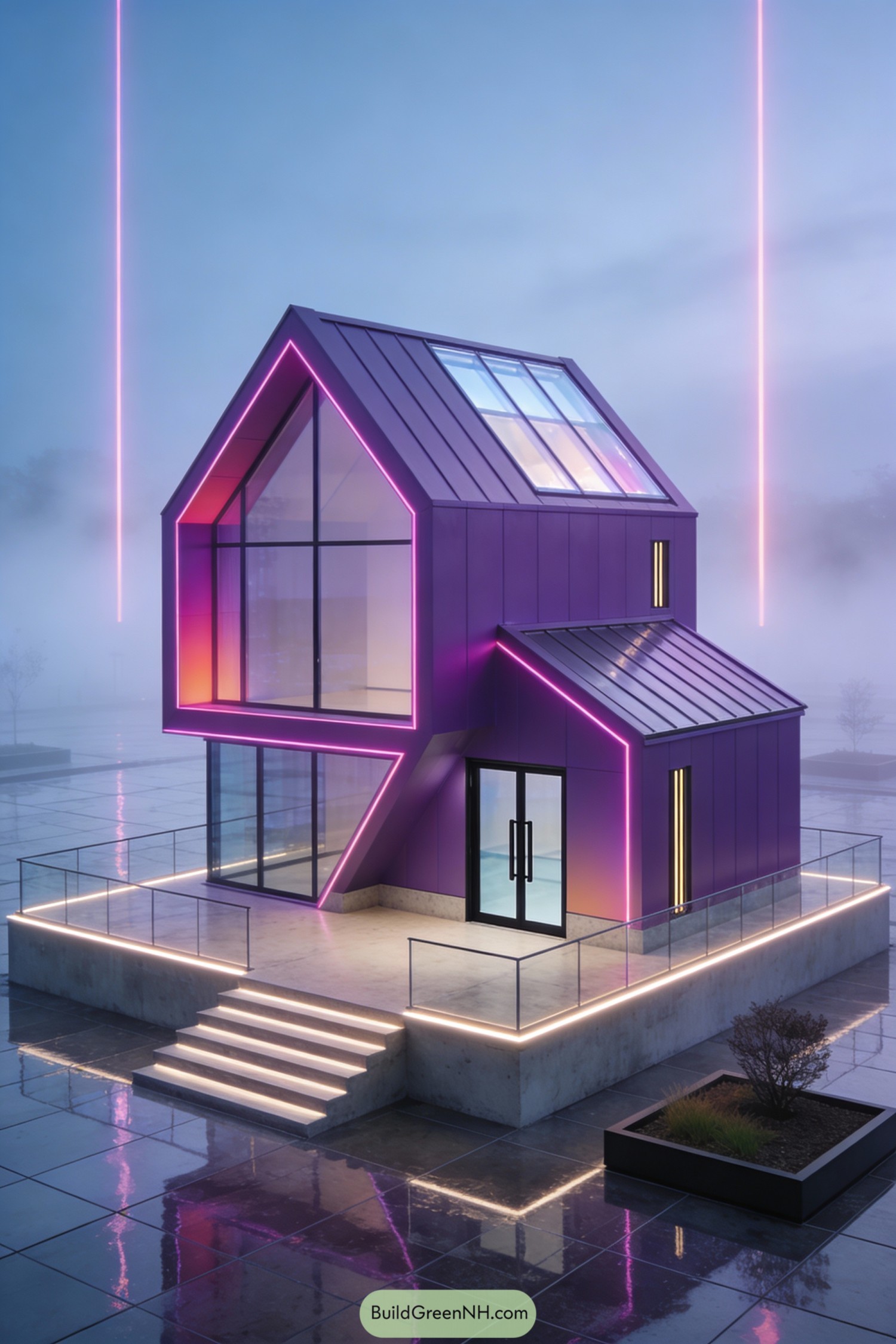Purple glass-fronted modern house with glowing pink and white LED trim on a raised concrete terrace in misty twilight