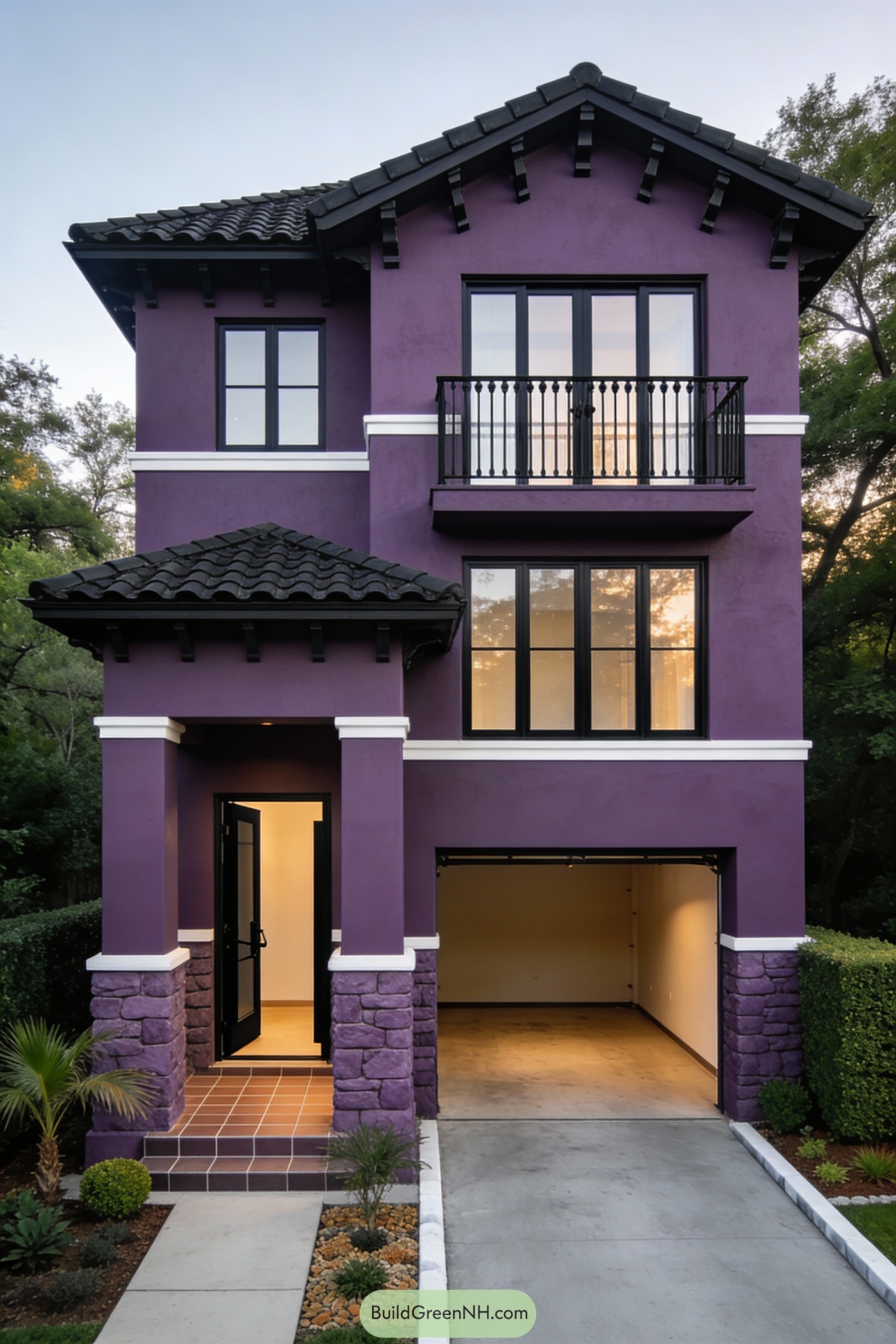 Three-story purple house with black roof and front garage