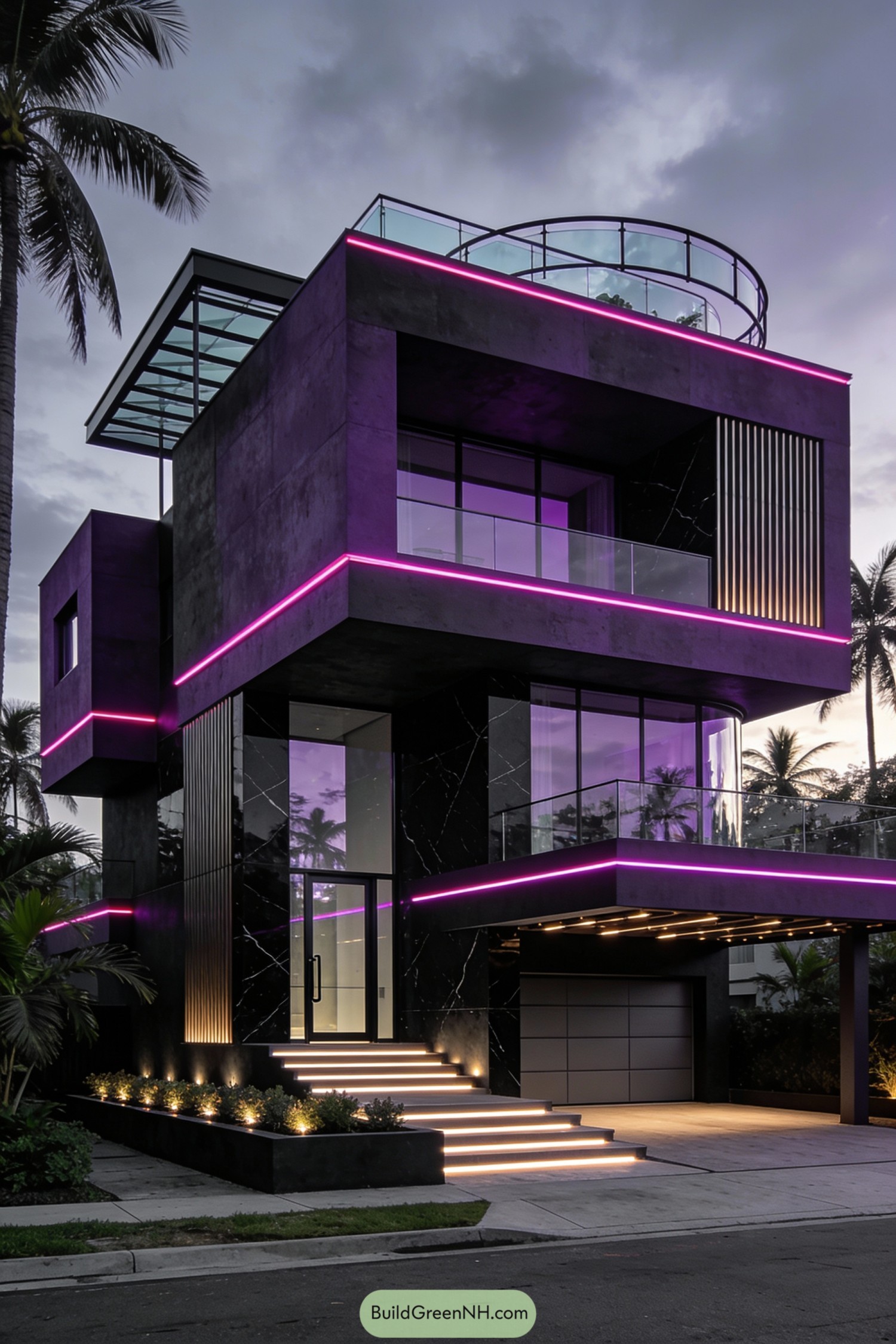 Three-story modern purple house with glowing magenta LED accents at dusk