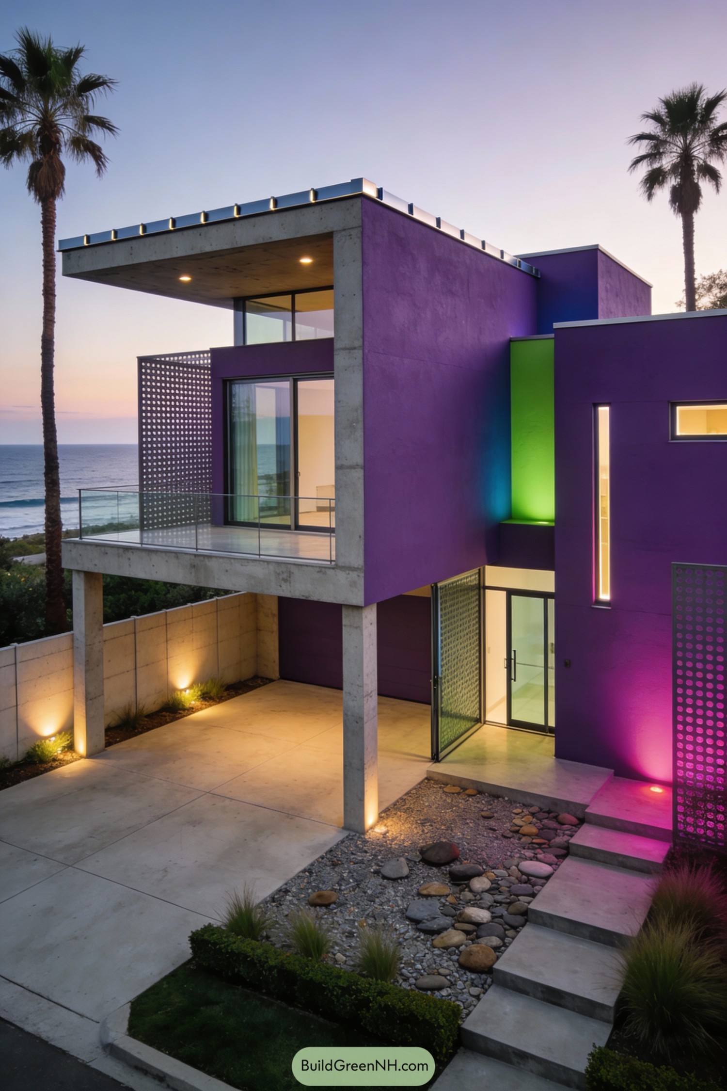 Purple modern beachfront house with bold lighting