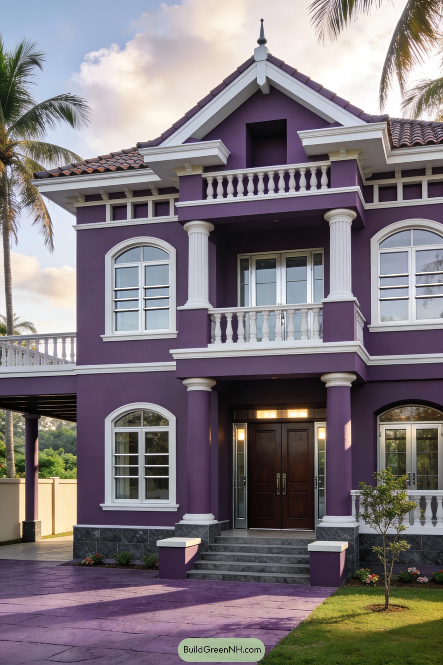Two-story purple house with white columns and arched windows at sunset
