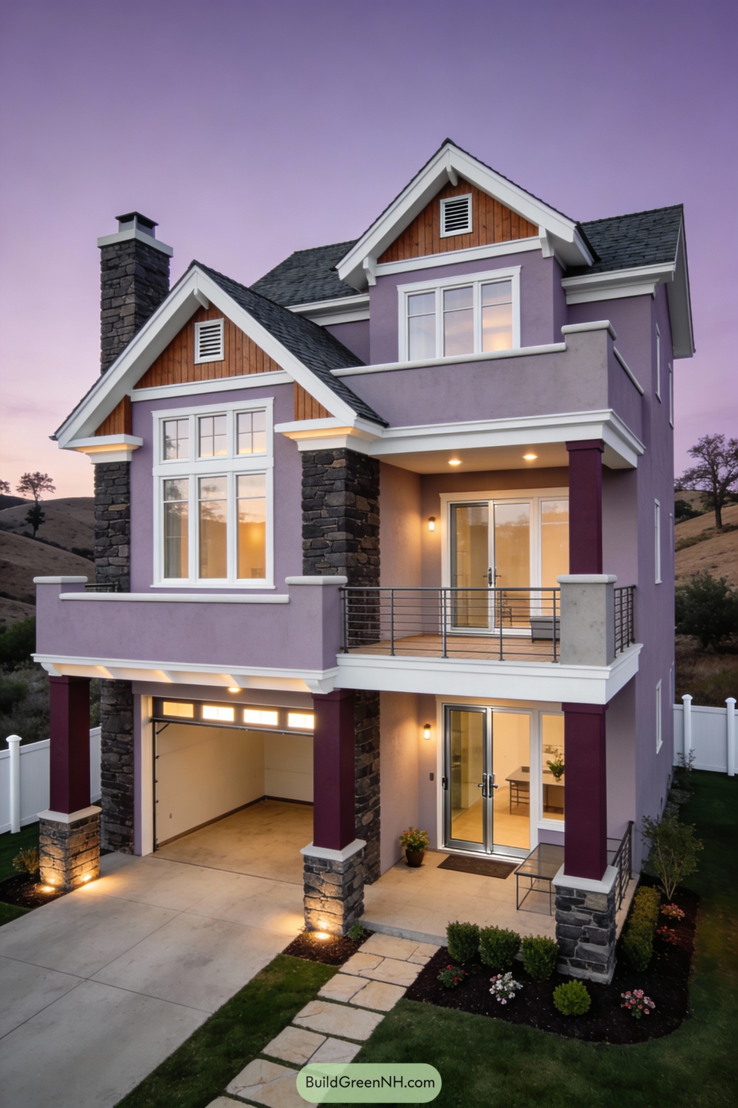 Tall lilac house with stone accents and warm balcony lighting at dusk
