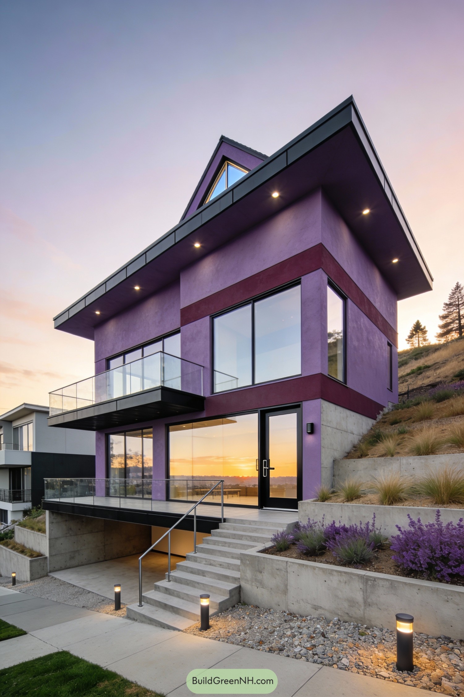 Two-story purple modern house on slope