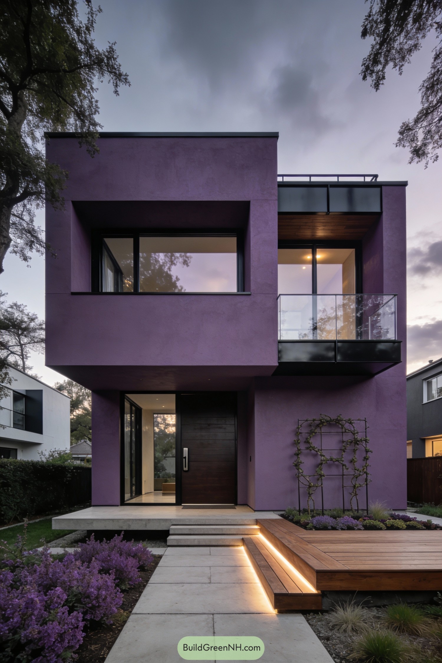Modern purple two-story house with glass balcony and lit wooden entry steps at dusk