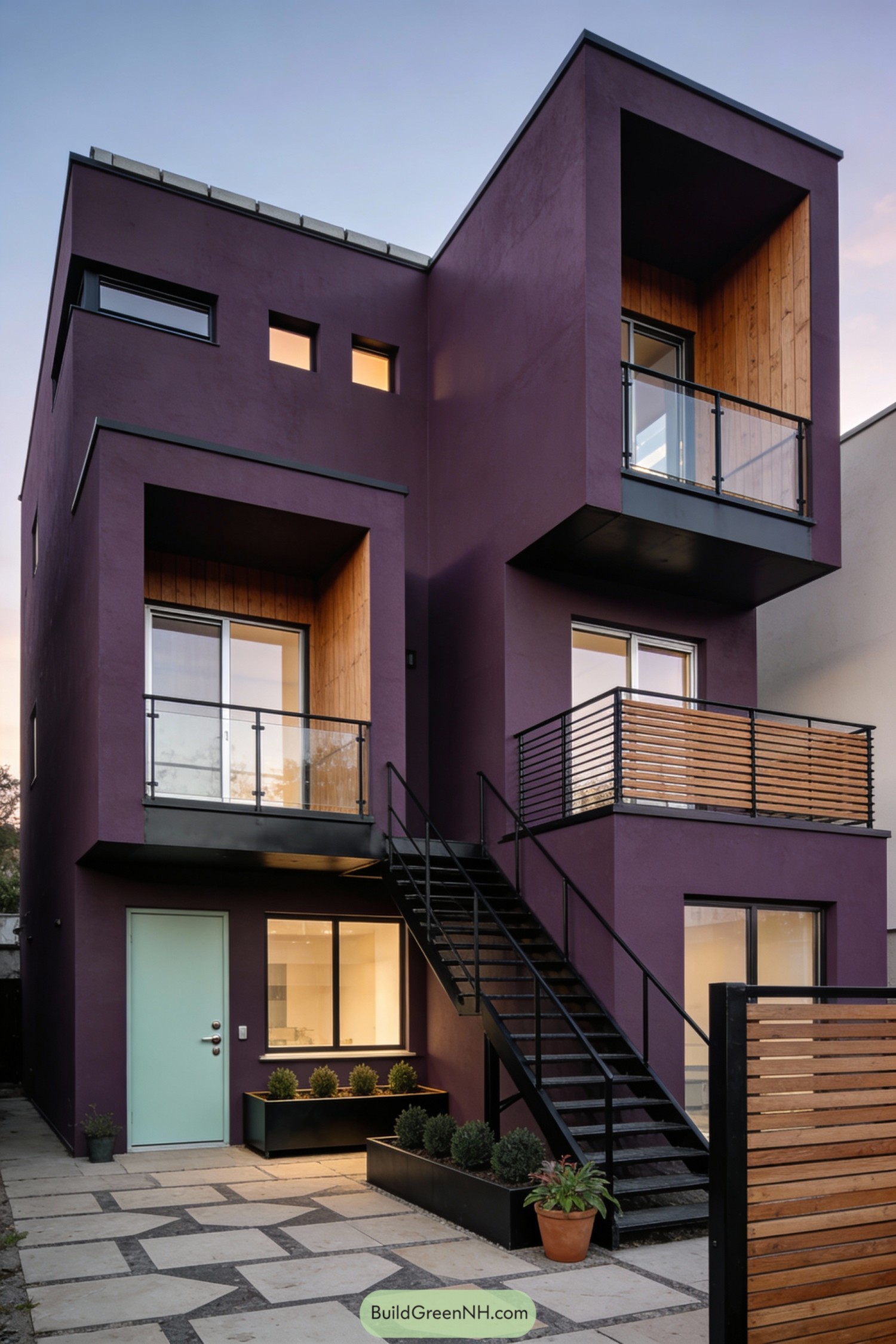 Deep purple cubic townhouse with multiple balconies and an exterior metal stair