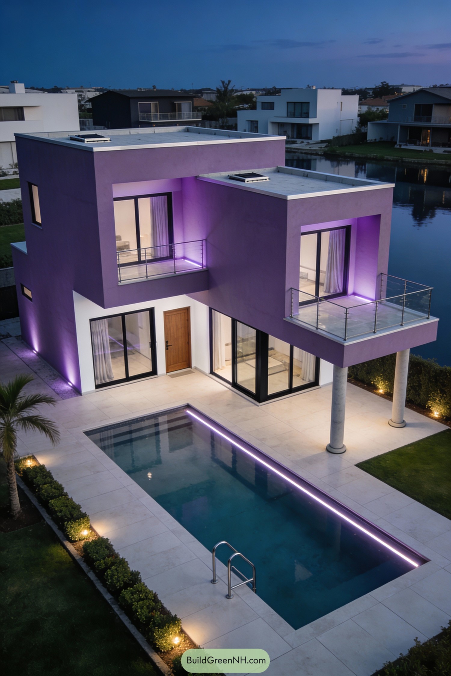 Two-story purple modern house with pool at dusk beside a waterway