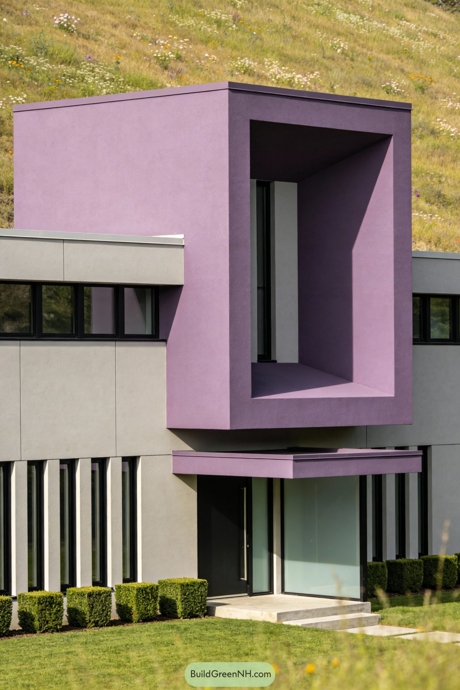 Modern house with a bold purple box projecting from a gray facade