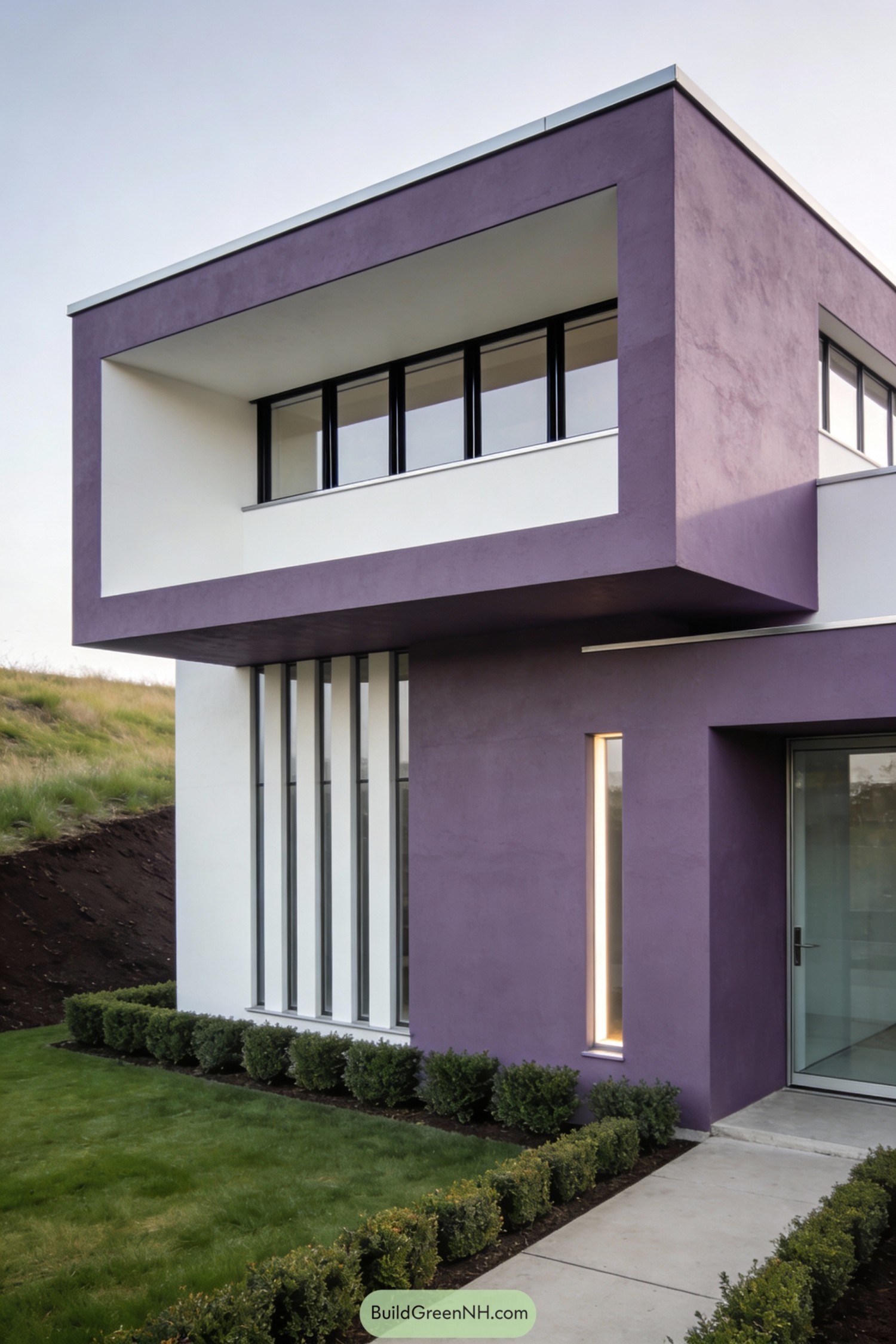 Modern purple and white boxy house exterior