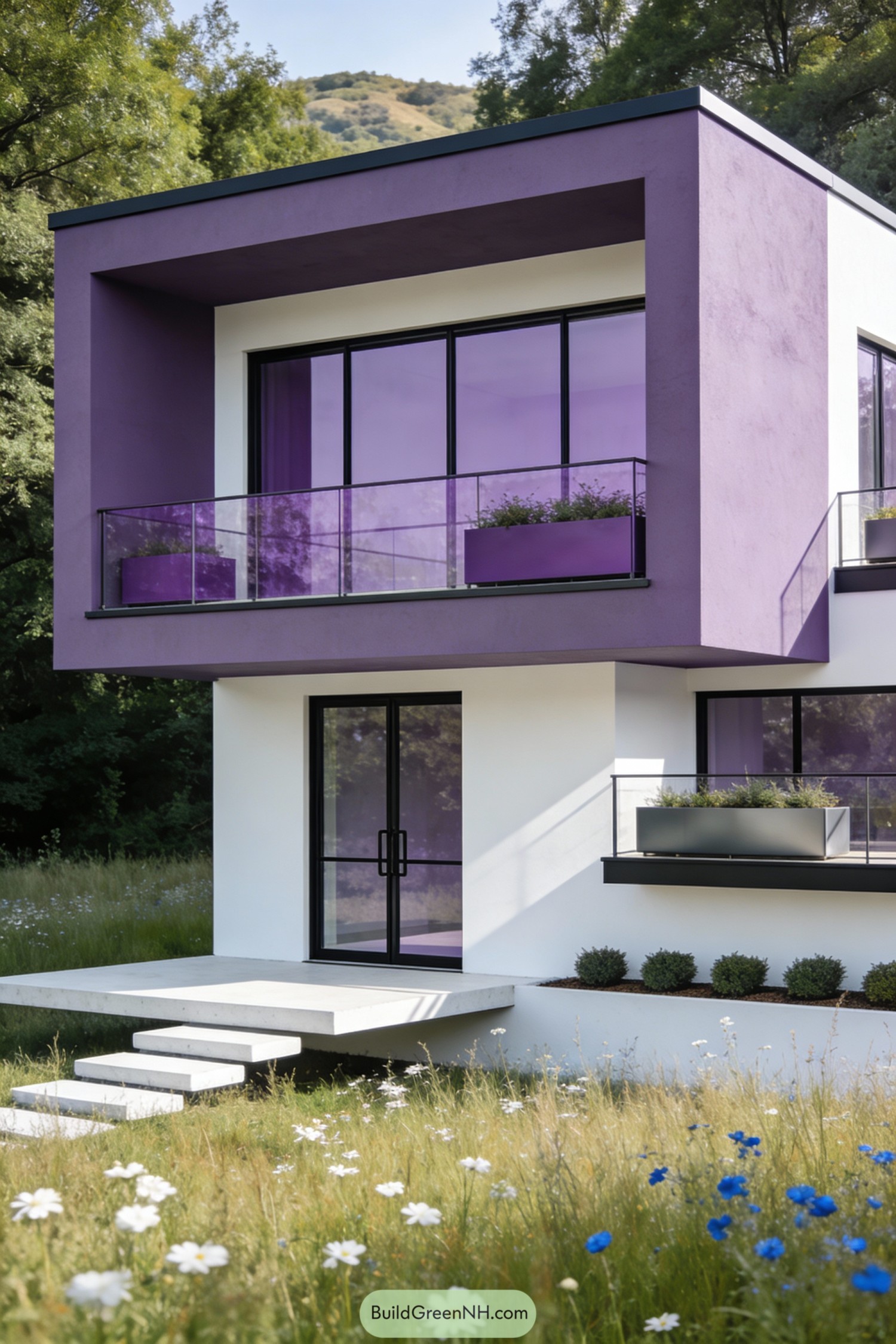 Two-story purple modern house framed by wildflower meadow