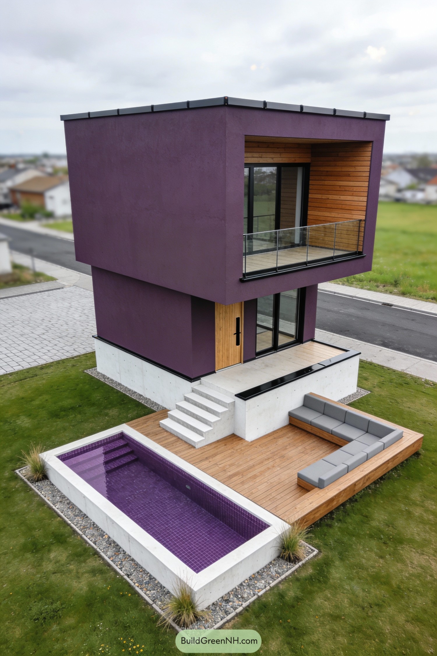 Two-story purple house with elevated balcony and purple-tiled pool