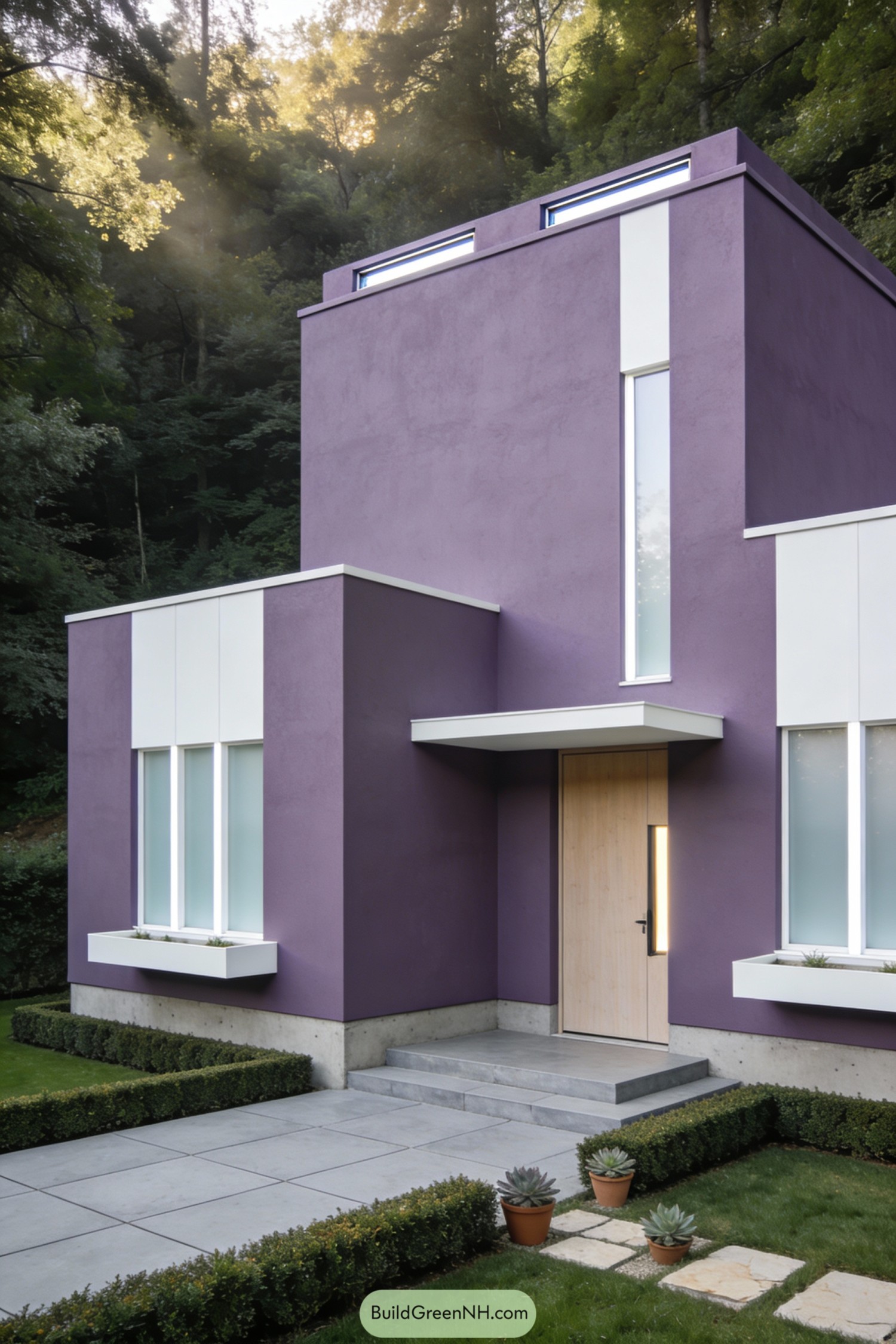 Purple boxy modern house beside trees