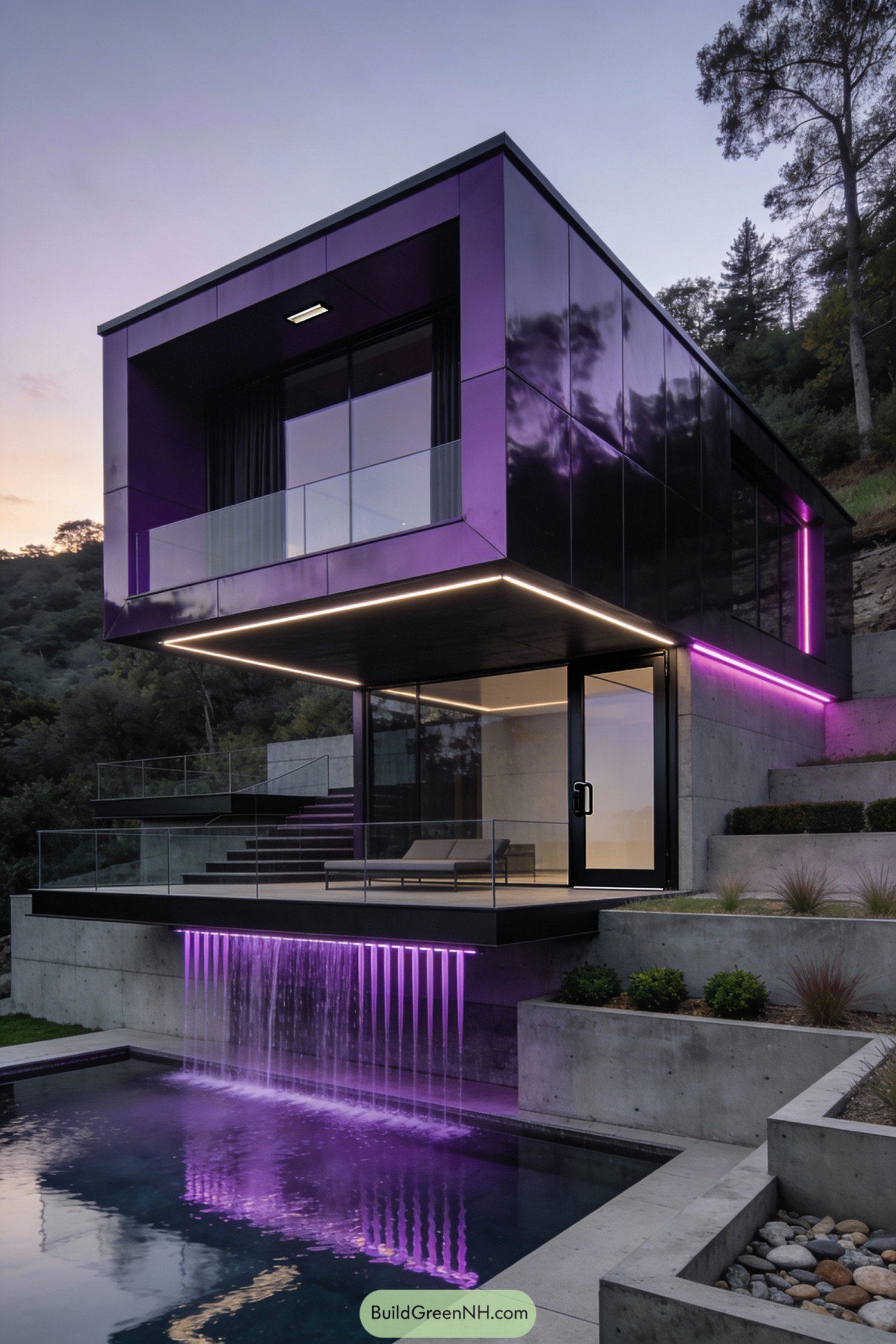 Purple glassy cube house cantilevered over pool with lit waterfall and concrete terraces