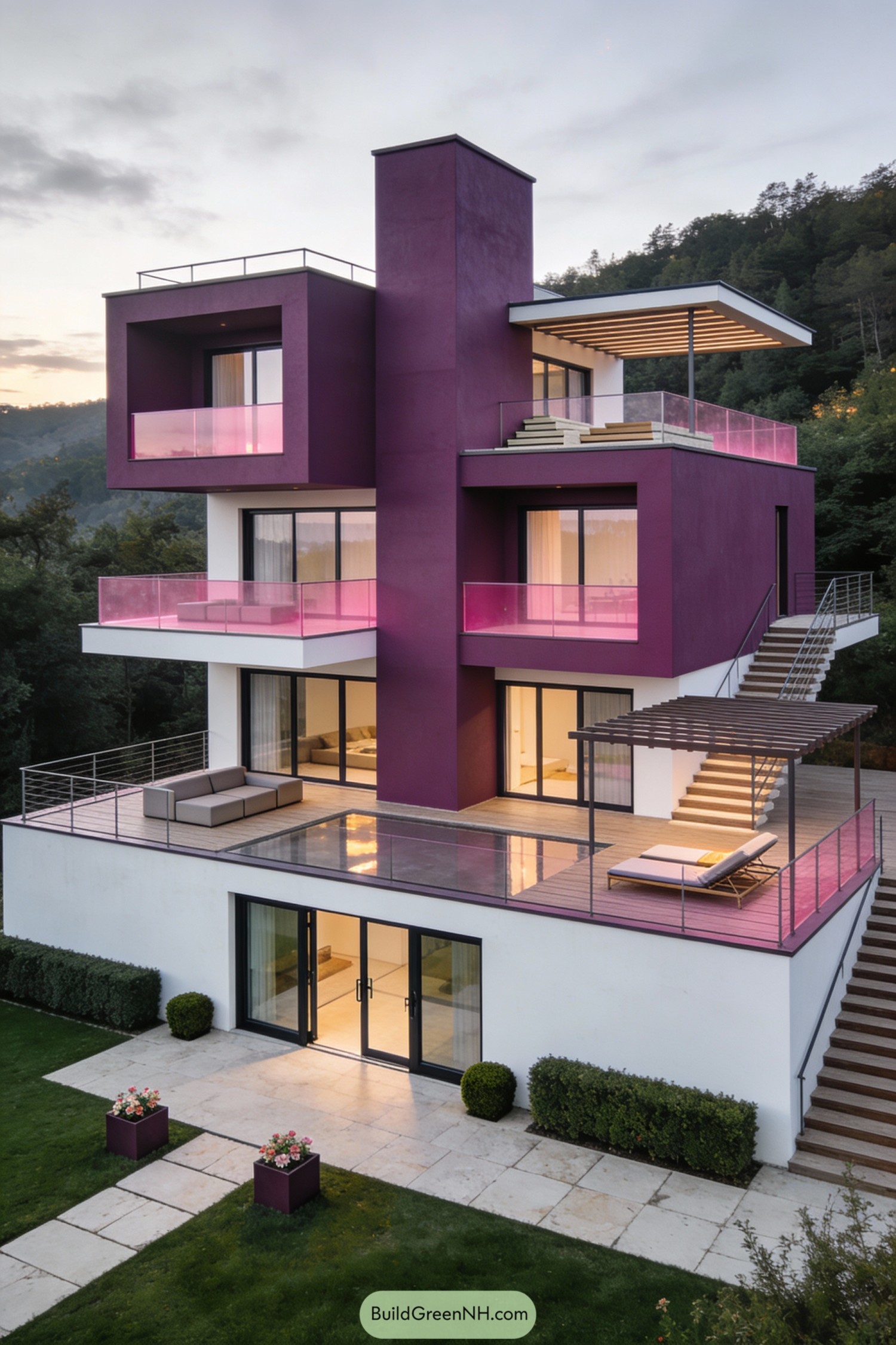 Modern purple multi-level house with glass terraces overlooking greenery