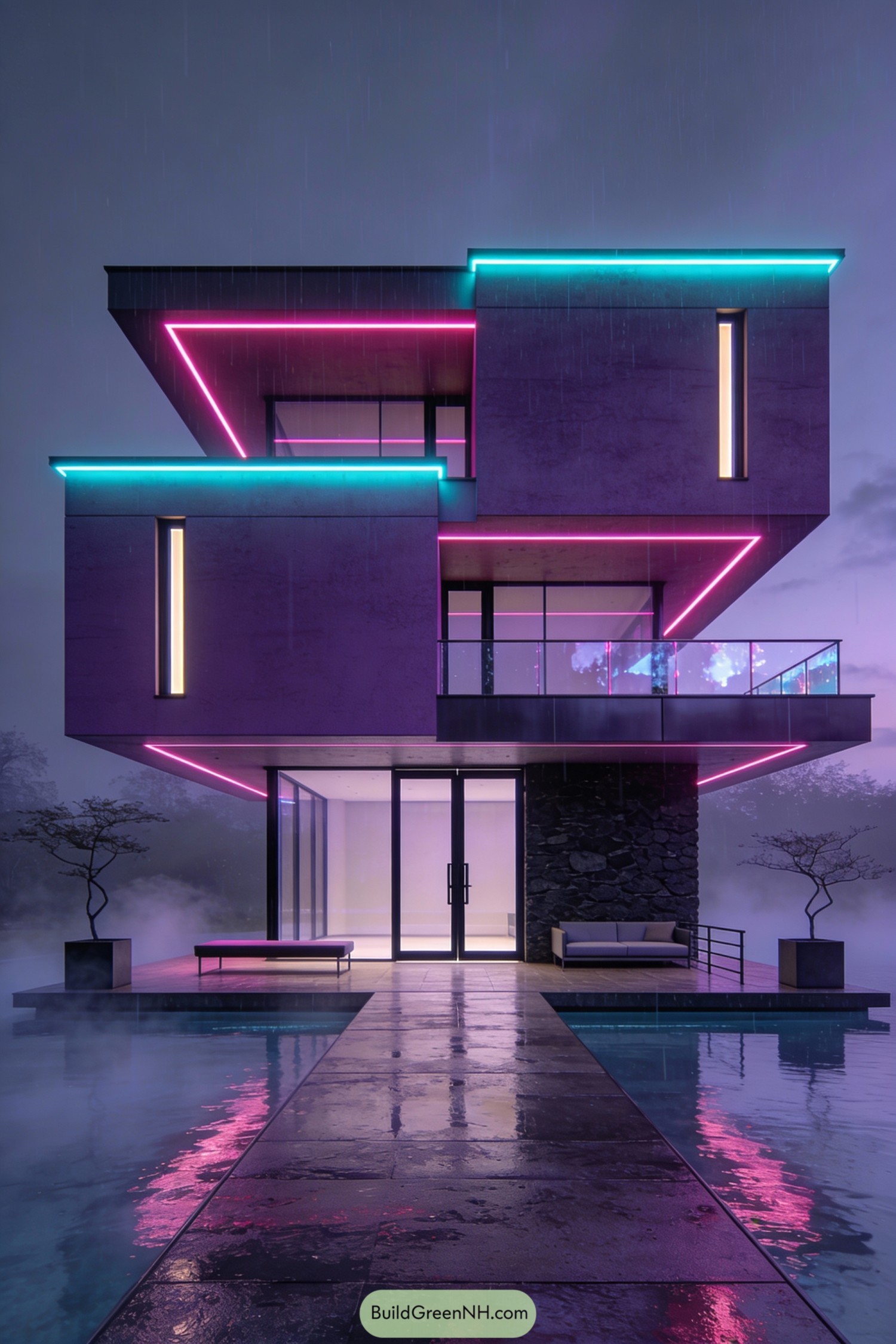 Purple modern house with neon trim reflecting in a misty pool at dusk