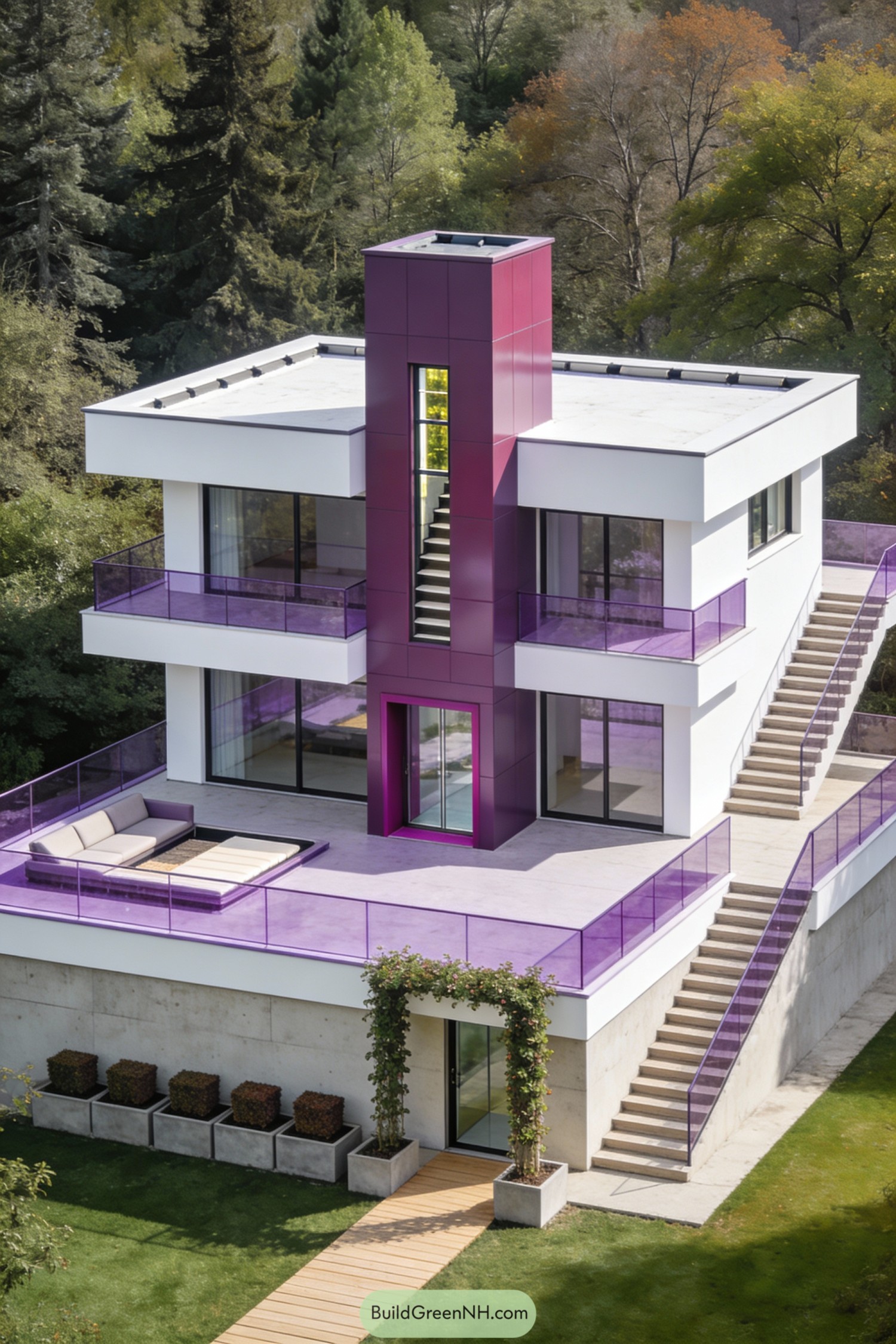 Modern white cube house with bold magenta tower and purple glass terraces surrounded by trees