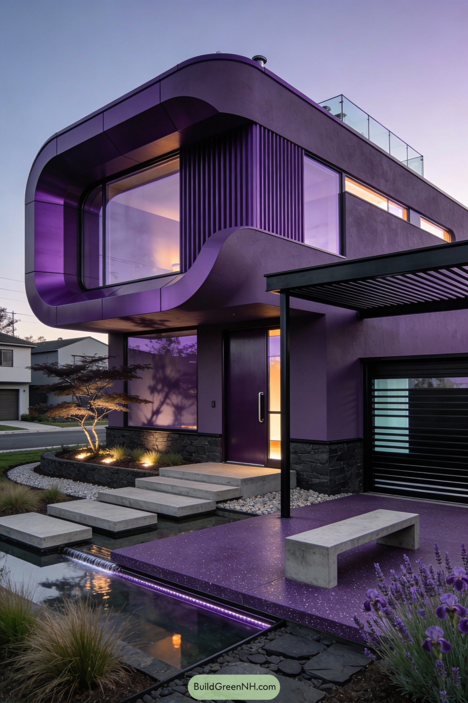 Two-story purple modern house with curved upper floor, glass walls, and a water-lined entry path at dusk