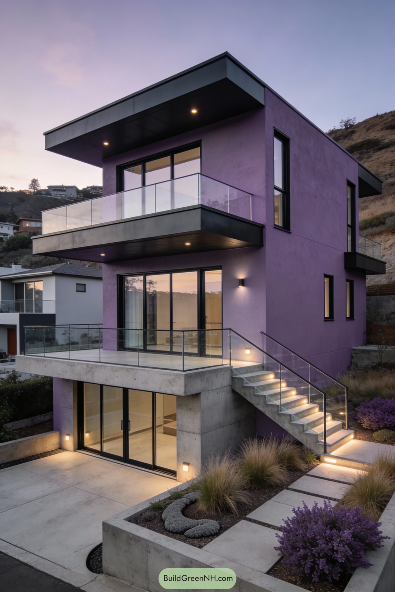 Three-story purple modern house at dusk