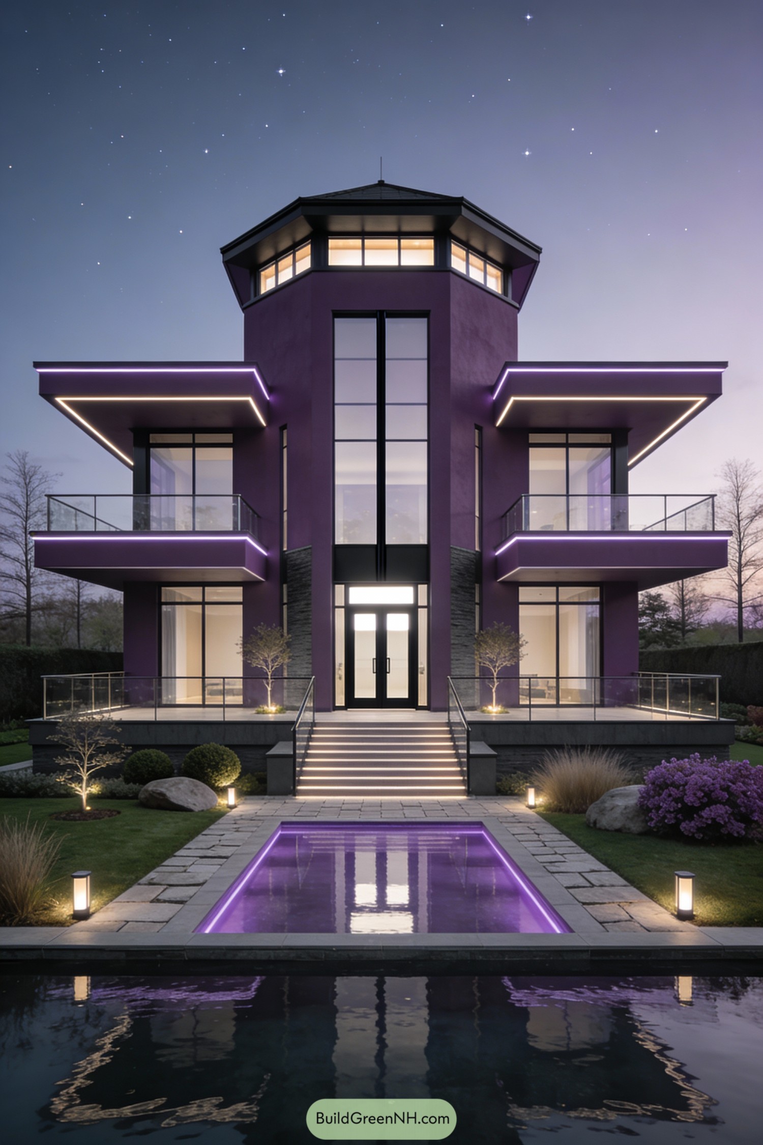 Purple modern house with glowing pool