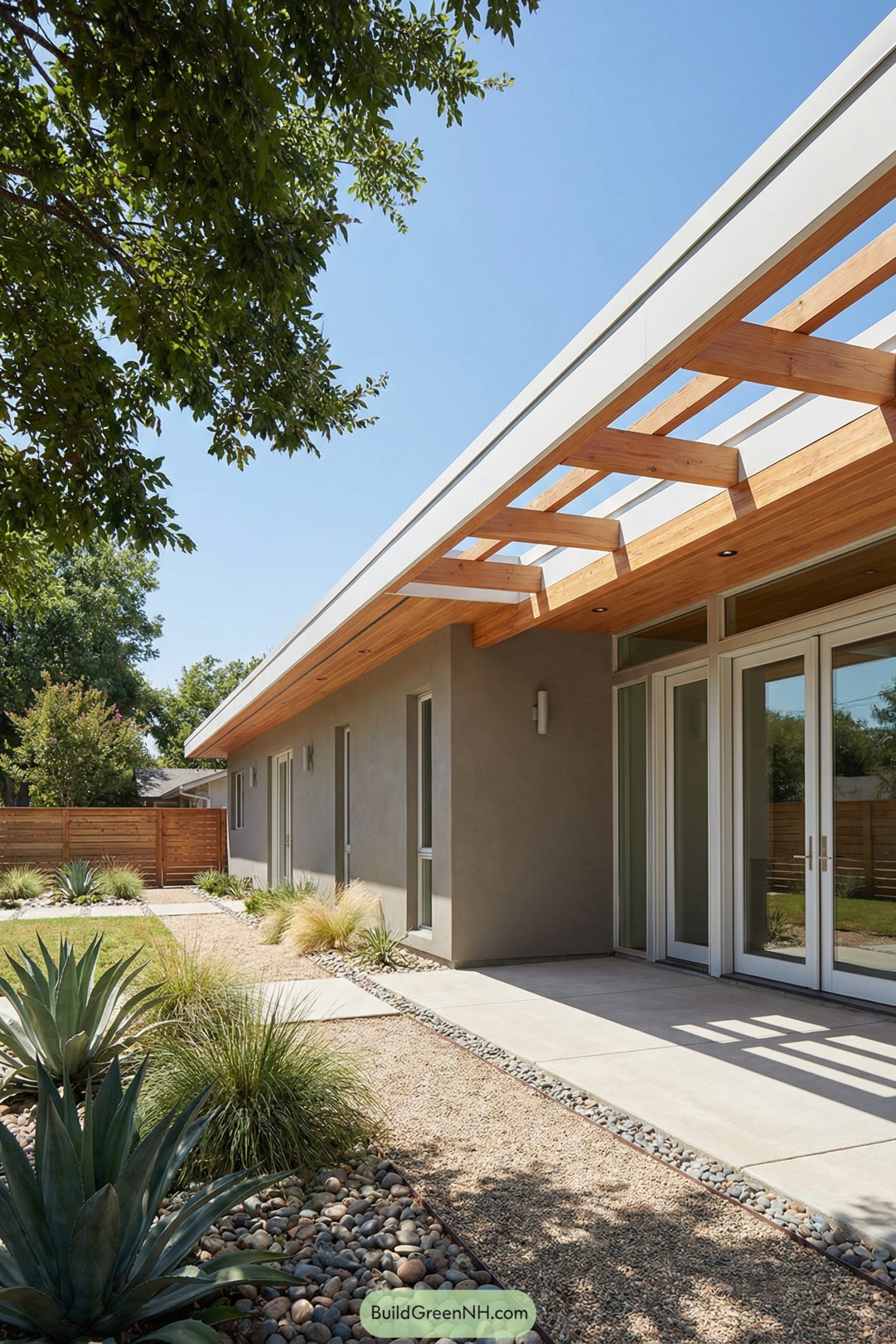 Modern ranch house with pergola roof and desert landscaping