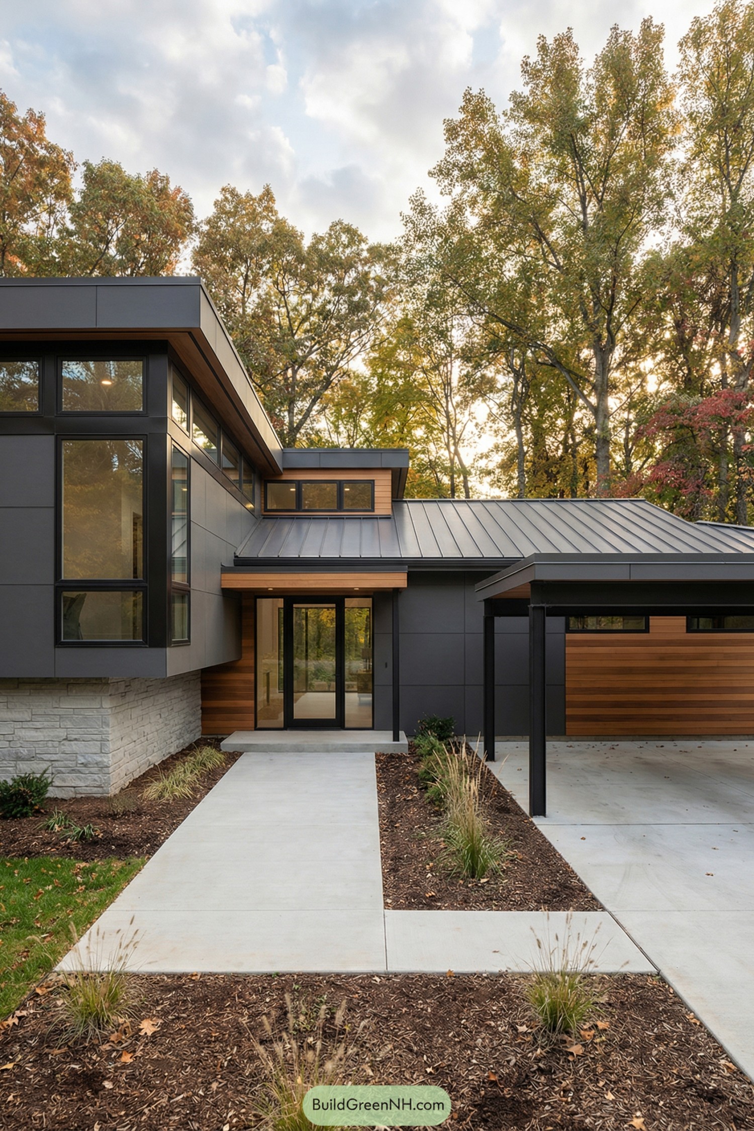 Modern ranch home with dark panels and warm wood accents framed by tall trees